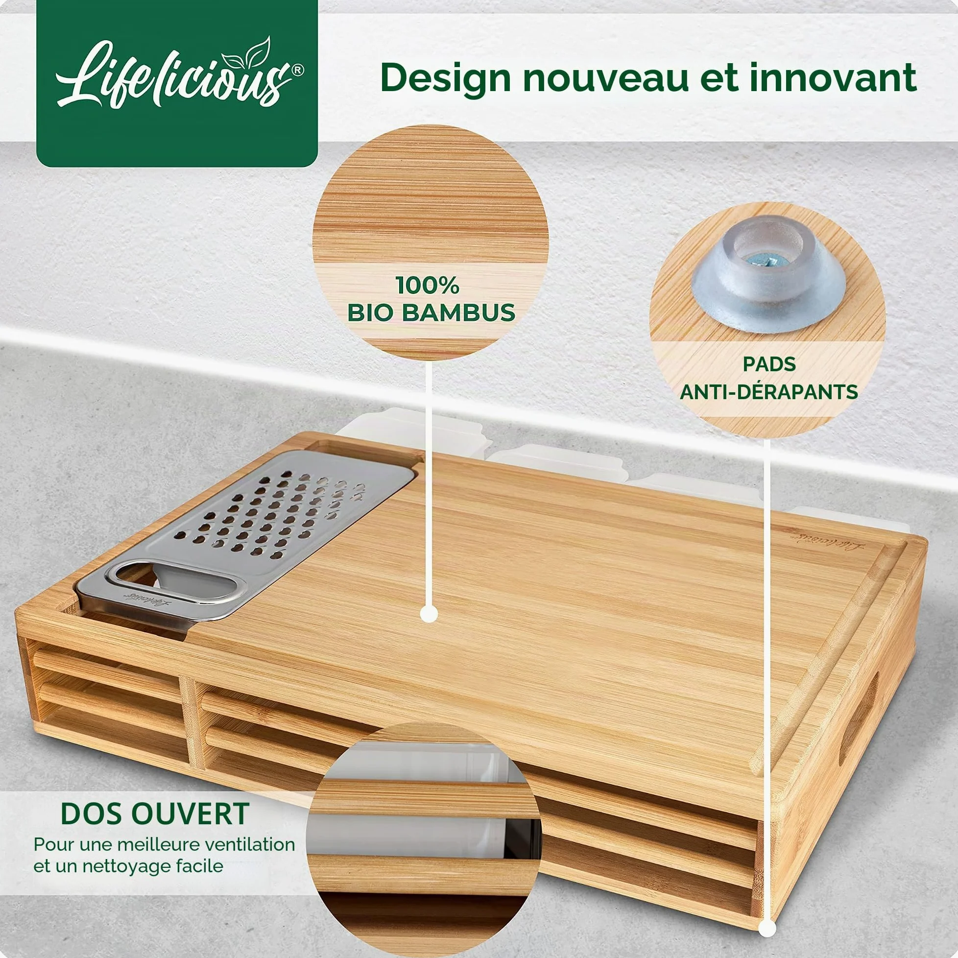 Planche à découper de qualité supérieure avec bac récupérateur [avec râpe en acier inoxydable] Bols en plastique lavables au lave-vaisselle - Grande planche de cuisine