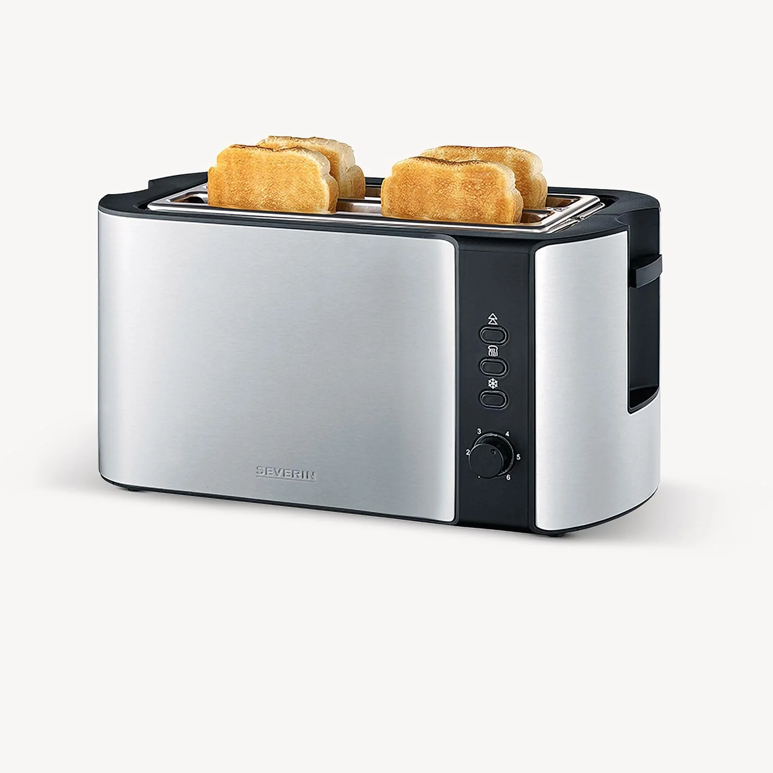 SEVERIN Grille-pain automatique 1400 W, Toaster compact 2 fentes jusqu'à 4 tranches, Grille-pain électrique avec réglage du degré de brunissage & fonction décongélation, Inox/Noir, AT 2590