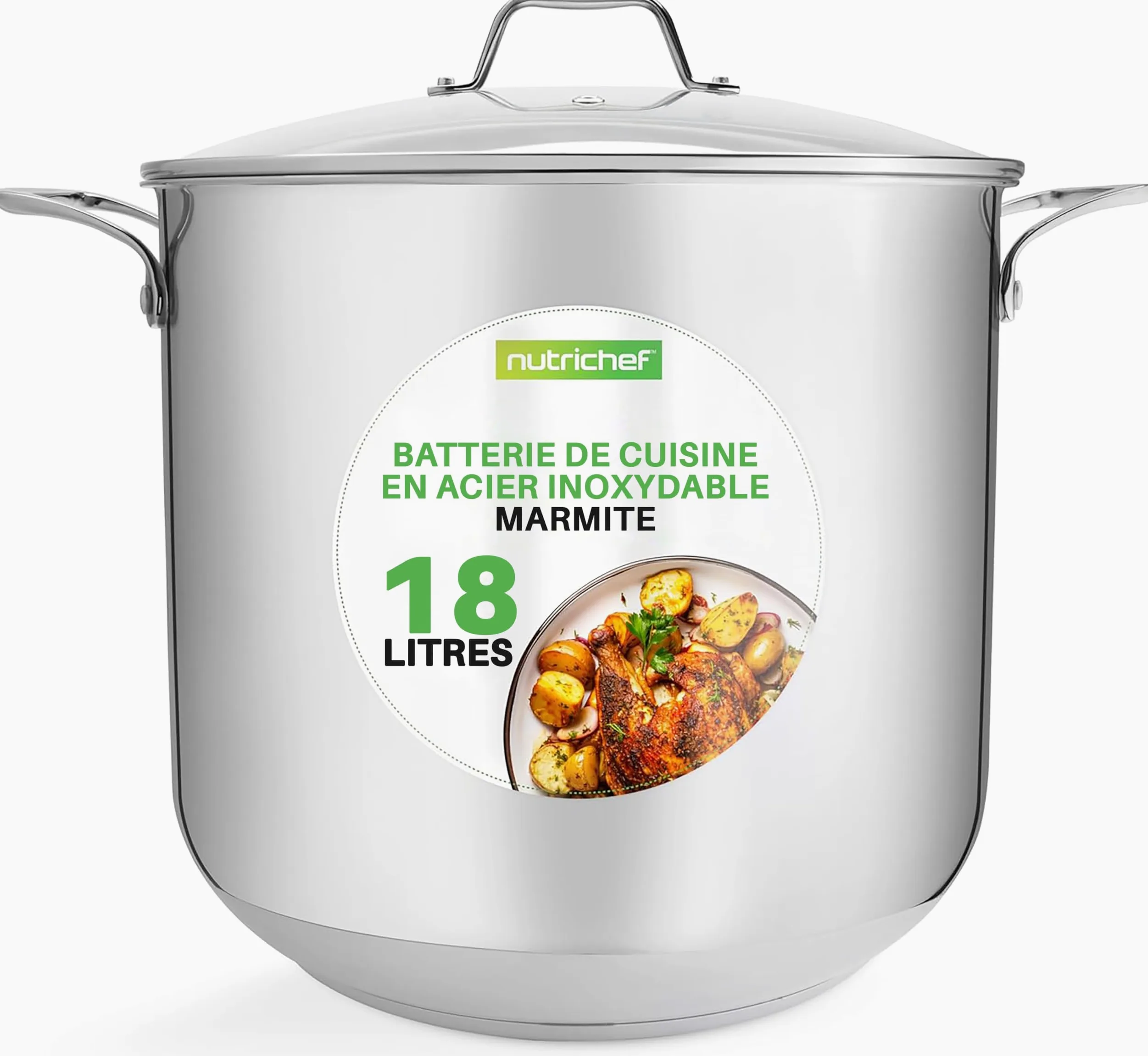 NutriChef Marmite- Faitout Inox de 18 Litres - 18-8 Qualité Alimentaire Résistant Tous Feux- Faitout-Grande Marmite avec Couvercle Transparent, Compatible Lave-Vaisselle