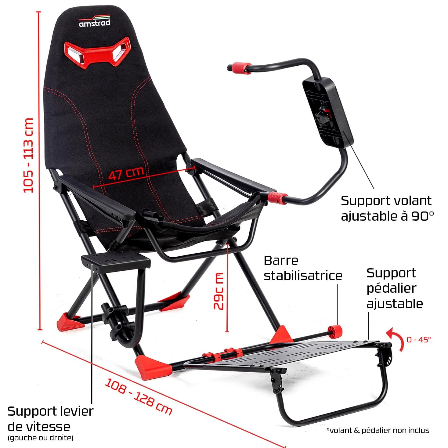 Amstrad AMS-Racing-SIM Siège de simulateur Auto avec Support pour Volant & Levier de Vitesse - 3 Niveaux de réglage Hauteur