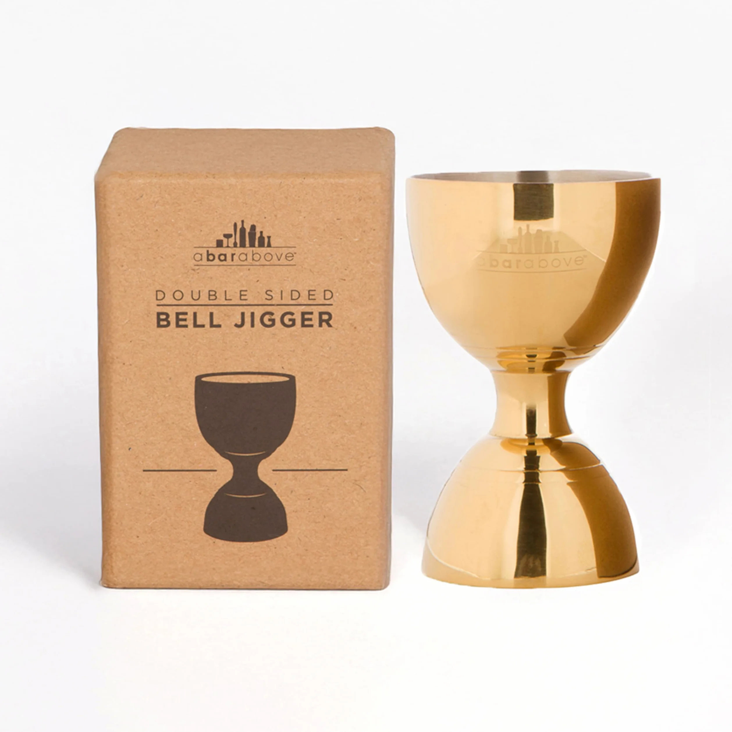 A BAR ABOVE Doseur de bar – doseur à cloche dorée avec mesures à l'intérieur – doseur de cocktail – Outil de mesure doré pour barman – Doseur de 56,7 g et 28,3 g – Doseur et bec verseur