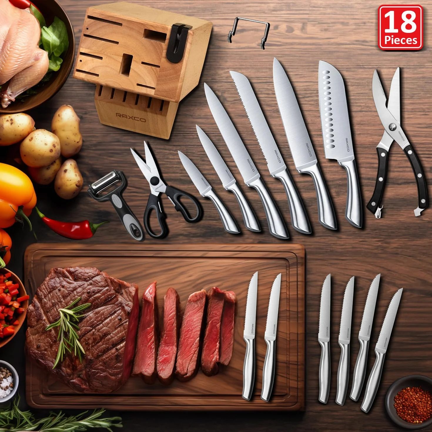 RAXCO Bloc à couteaux, Set de 18 couteaux de cuisine en acier inoxydable - Set de couteaux à steak, Sets de couteaux de cuisine professionnels avec bloc et aiguiseur (Oak)