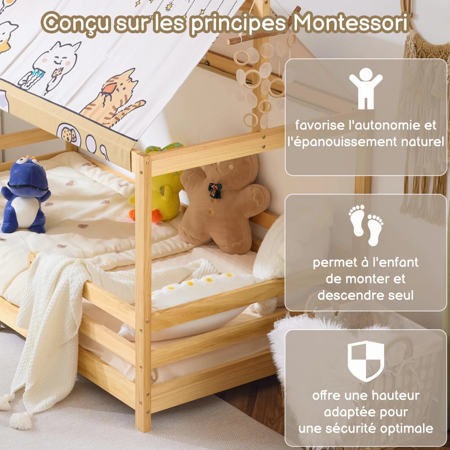 LEADZM Lit cabane Enfant 90x190 cm avec baldaquin en Tissu, sommier à Lattes, barrières de sécurité Enfant Bois en pin Forme de Maison Lit au Sol Montessori (Naturel)