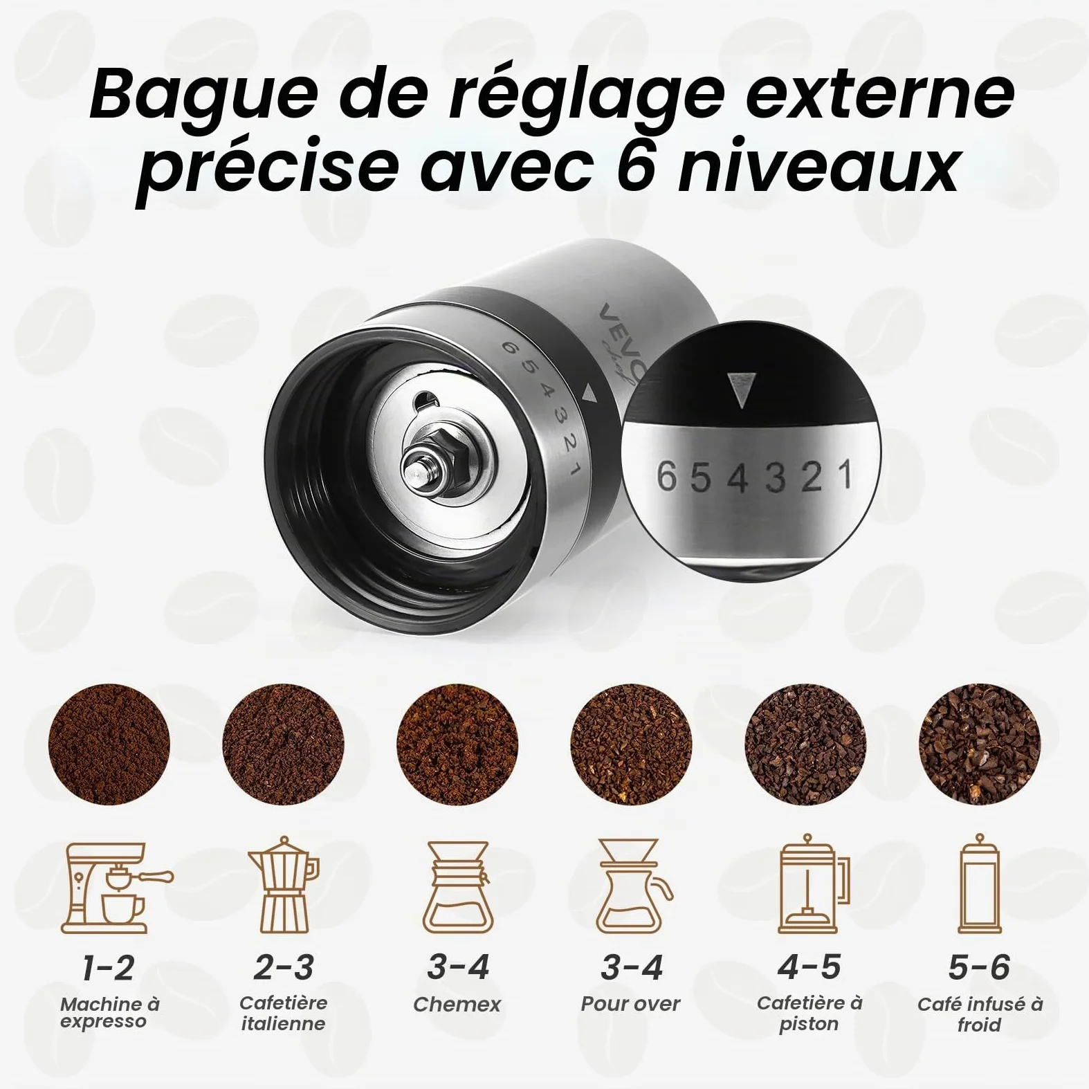 Vevok Chef Moulin à Café Manuel avec 6 Réglages Externes pour Espresso à French Press, Meule Conique en Acier Inoxydable, Idéal pour Maison, Bureau ou Voyages, Argent
