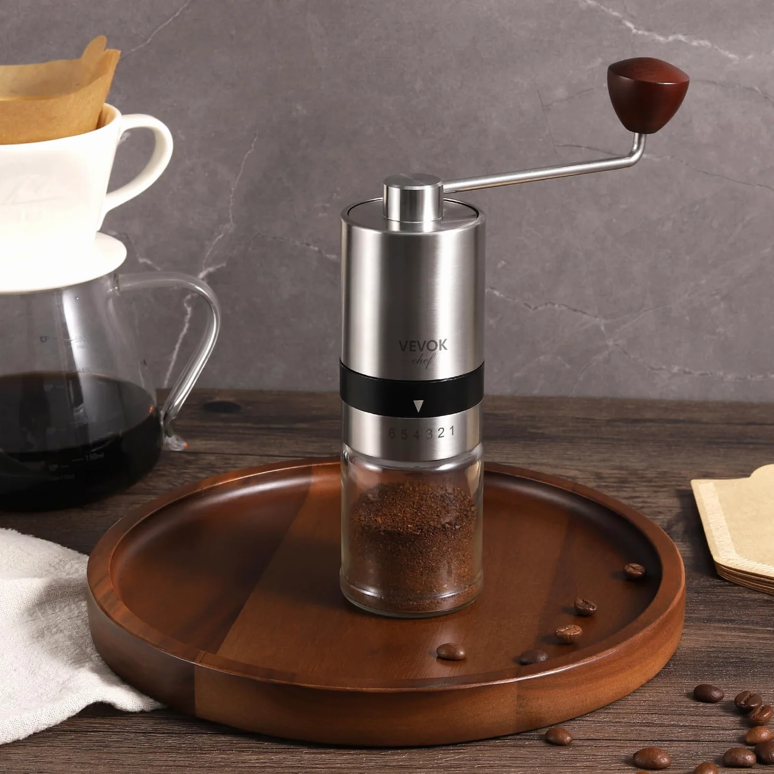 Vevok Chef Moulin à Café Manuel avec 6 Réglages Externes pour Espresso à French Press, Meule Conique en Acier Inoxydable, Idéal pour Maison, Bureau ou Voyages, Argent