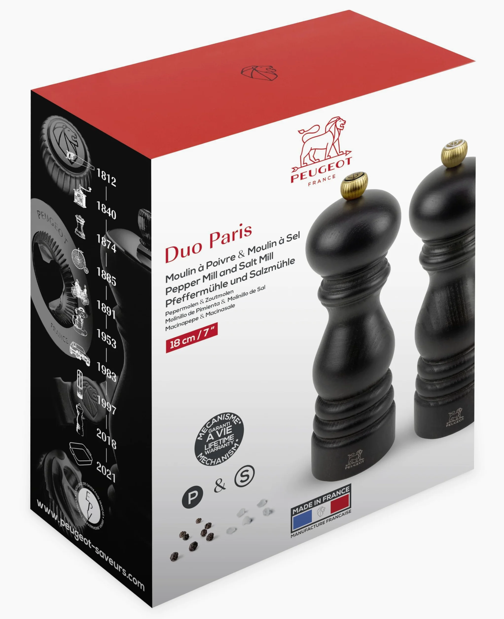 PEUGEOT - Duo Paris - Moulin à Poivre + Moulin à Sel 18 cm - Réglage Classique - Innovation Sel Glace, Mécanisme Zirlion - Bois Revalorisé Labellisé PEFC - Fabrication Française - Coloris Chocolat