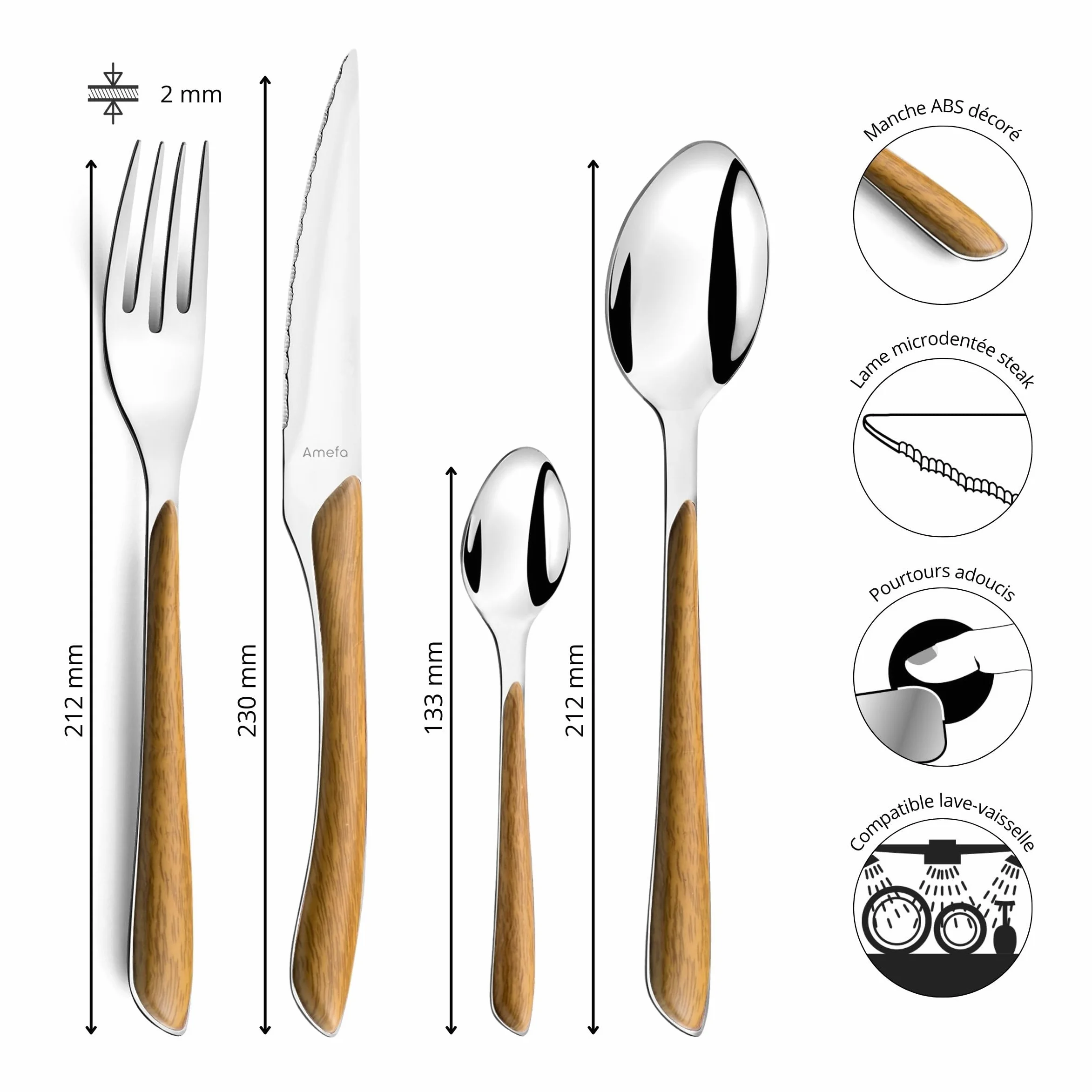 AMEFA - Ménagère 24 couverts de table pour 6 personnes - Eclat Nature - Acier inoxydable 18/0, Finition Brillante - Bois Clair