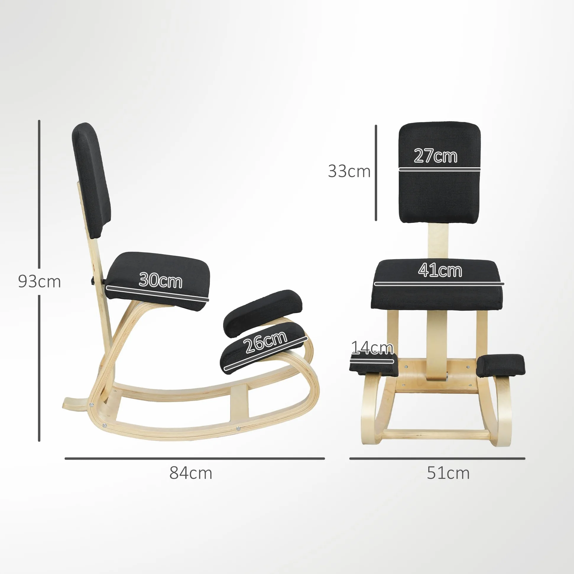 HOMCOM Chaise à Genoux Ergonomique avec Dossier, siège Assis Genoux à Bascule, Tabouret Ergonomique, Tabouret Bureau orthopédique, correcteur de Posture, soulager Les douleurs au Dos, Noir