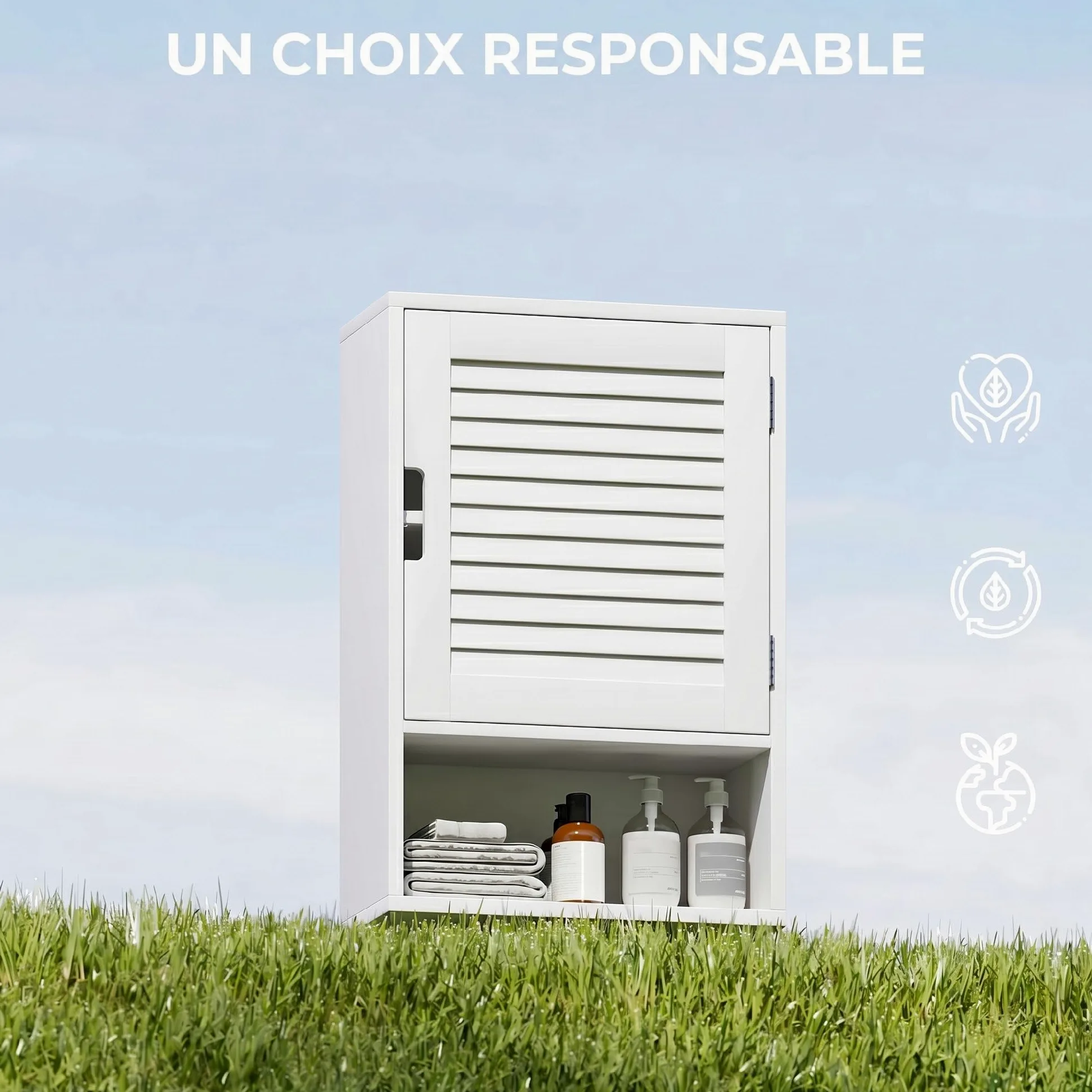 HOMCOM Armoire Murale de Salle de Bain, Meuble de Rangement Suspendu pour Salle de Bains avec Porte à Lattes, étagère réglable et Compartiment Ouvert, Meuble WC Suspendu, 40x20x60cm, Blanc