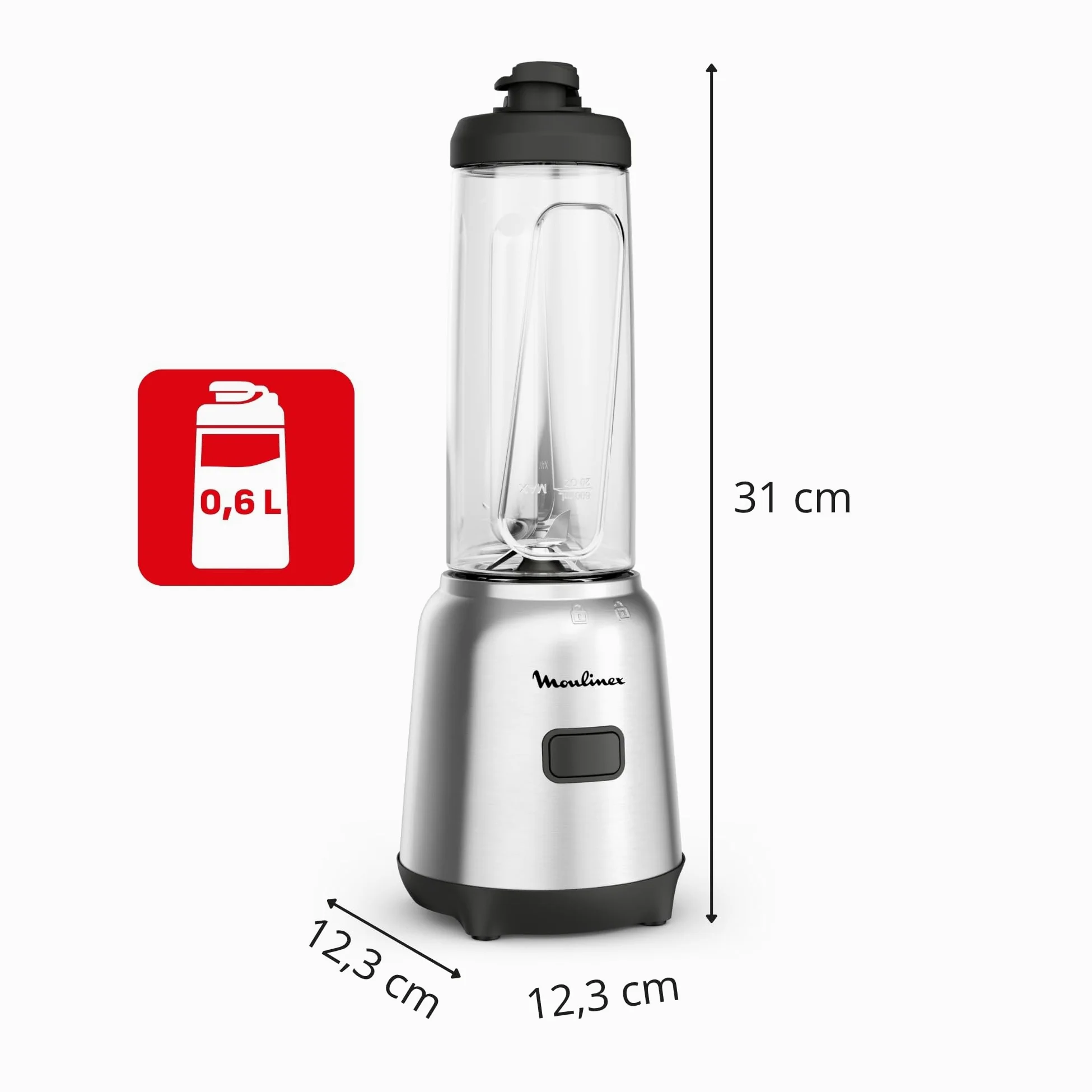 Moulinex Mix & Move Blender mixeur, 300W, Capacité utile 0,6 L, 2 bouteilles à emporter en Tritan, Compact, Ergonomique, Lames amovibles LM15FD10, Métal