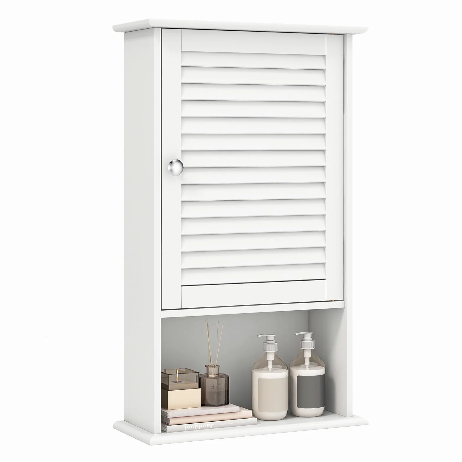 GIANTEX Armoire de Salle de Bain Murale avec Une Porte, 2 étagères réglables et Compartiment Ouvert, Armoire en Bois à 3 Niveaux, Meuble Polyvalent pour la Salle de Bain, Cuisine, entrée (Blanc)