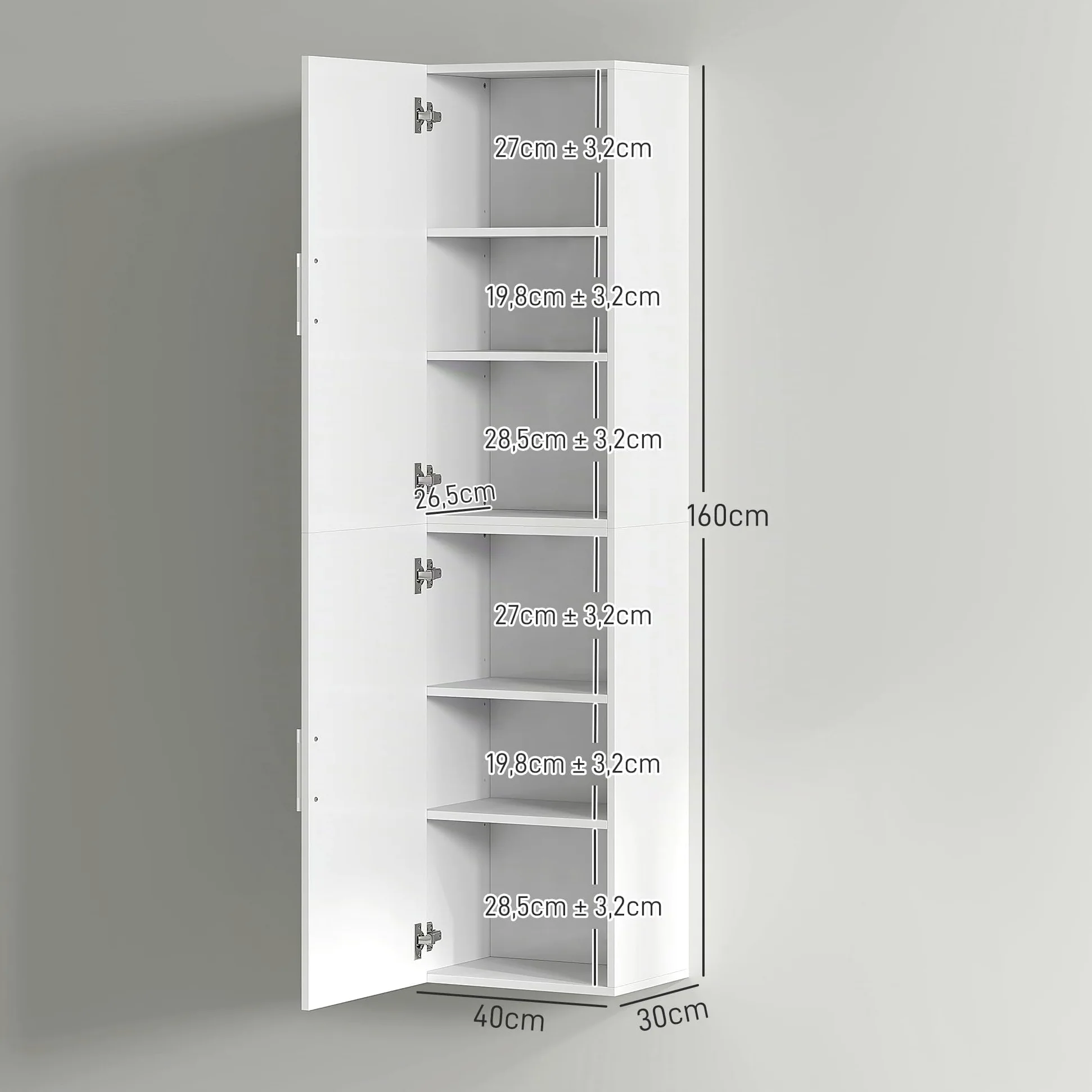 HOMCOM Armoire murale pour salle de bain avec étagères réglables et 2 portes - Meuble de salle de bain moderne pour les petits espaces - 40 x 30 x 160 cm - Blanc brillant