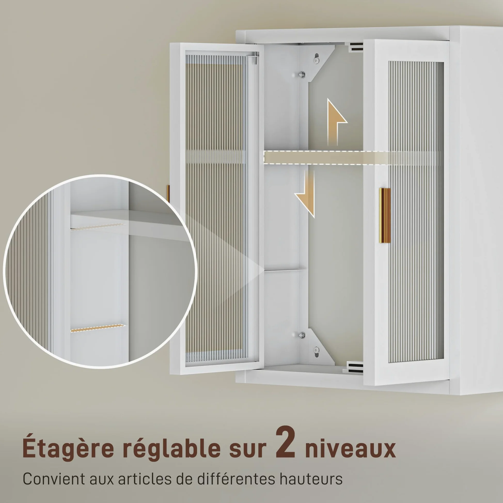 HOMCOM Armoire Murale de Salle de Bain métale, 40 x 14 x 50 cm, Meuble de Rangement Suspendu avec 2 Portes cannelées en Acrylique et étagère réglable, Métal, Blanc