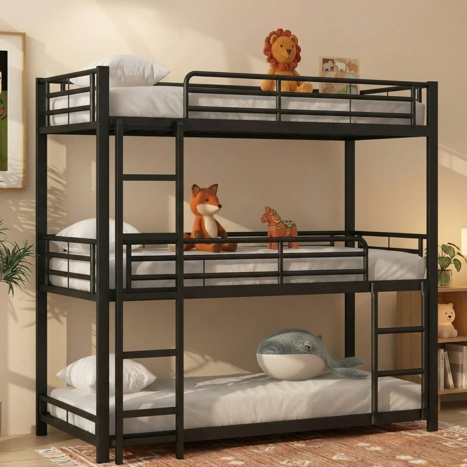 PUGSDRLY Lit Superposé 3 Place 90x200 avec Escalier,Sommier Robuste(B-Noir) | Quatre Barrières Haute,Escalier Robustes,pour Garçons Filles