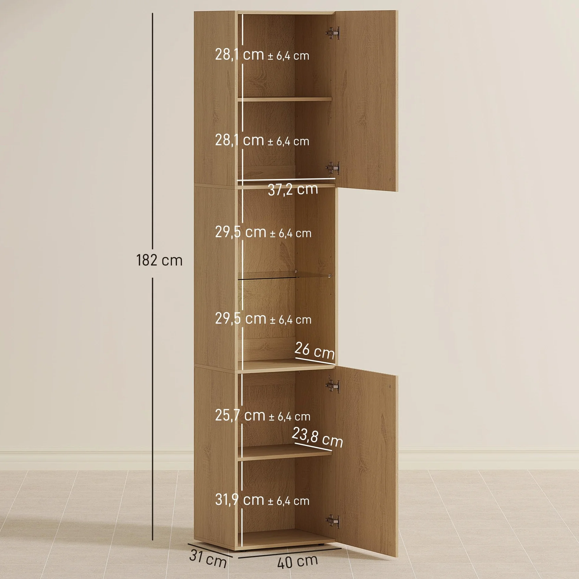 HOMCOM Meuble Colonne Salle de Bain, Meuble de Rangement étroit 6 Niveaux, 2 Portes, Compartiments Ouverts, étagère Verre trempé, étagères réglables, pour Toilette, Petits espaces, 40x31x182cm, chêne