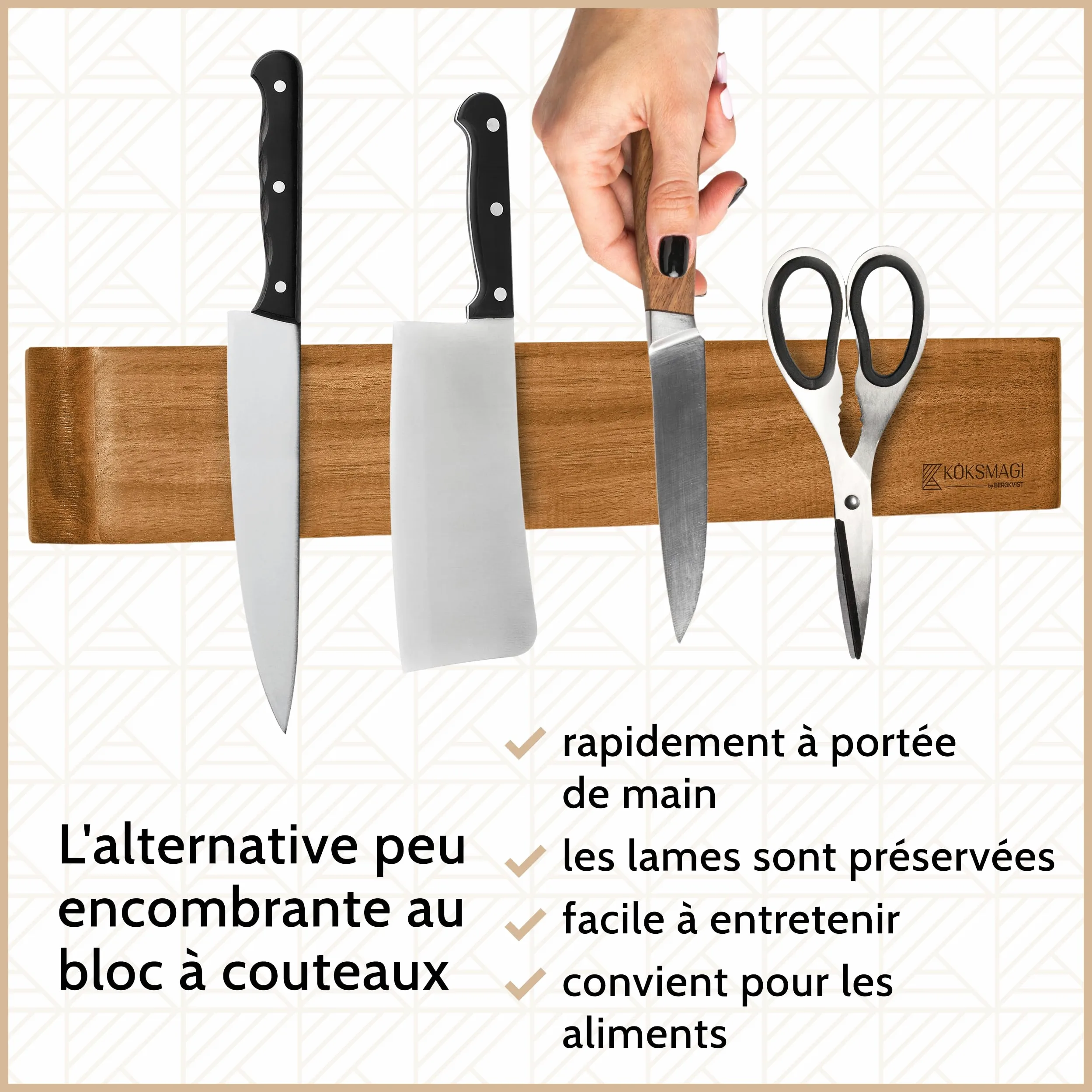 Barre magnetique pour couteaux OSKAR (50 cm) - porte couteaux en bois avec aimant extrêmement puissant pour couteaux lourds - avec accessoires pour coller & percer