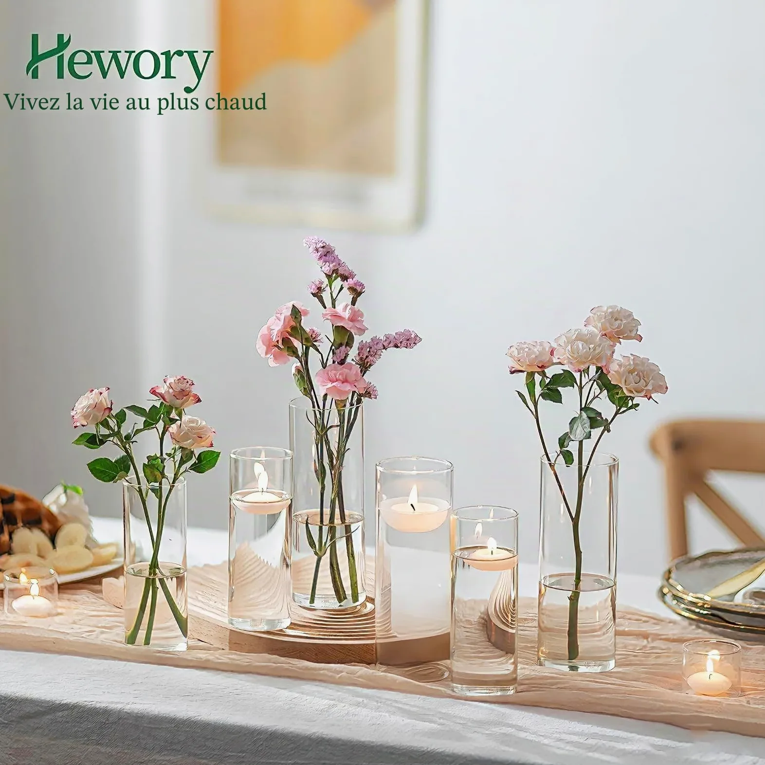 Vase Cylindrique en Verre pour Centre de Table: Hewory 12 Vase Transparent Vase en Verre pour Decoration Mariage - Photophore Verre Vase Verre Transparent pour Décoration de Table Wedding Home
