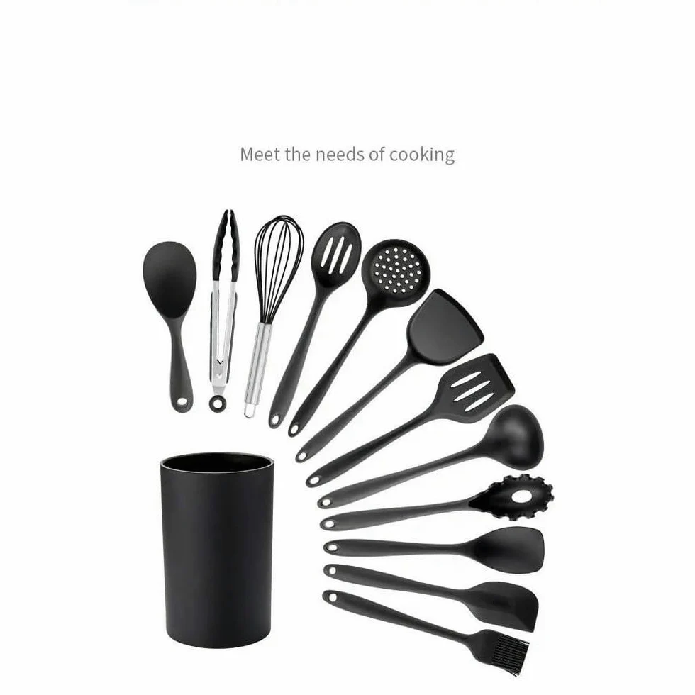 WLDMA Ensemble d'ustensiles de cuisine noirs en silicone de qualité alimentaire avec spatule, pelle à soupe, cuillère à soupe, ustensiles de cuisine BPA
