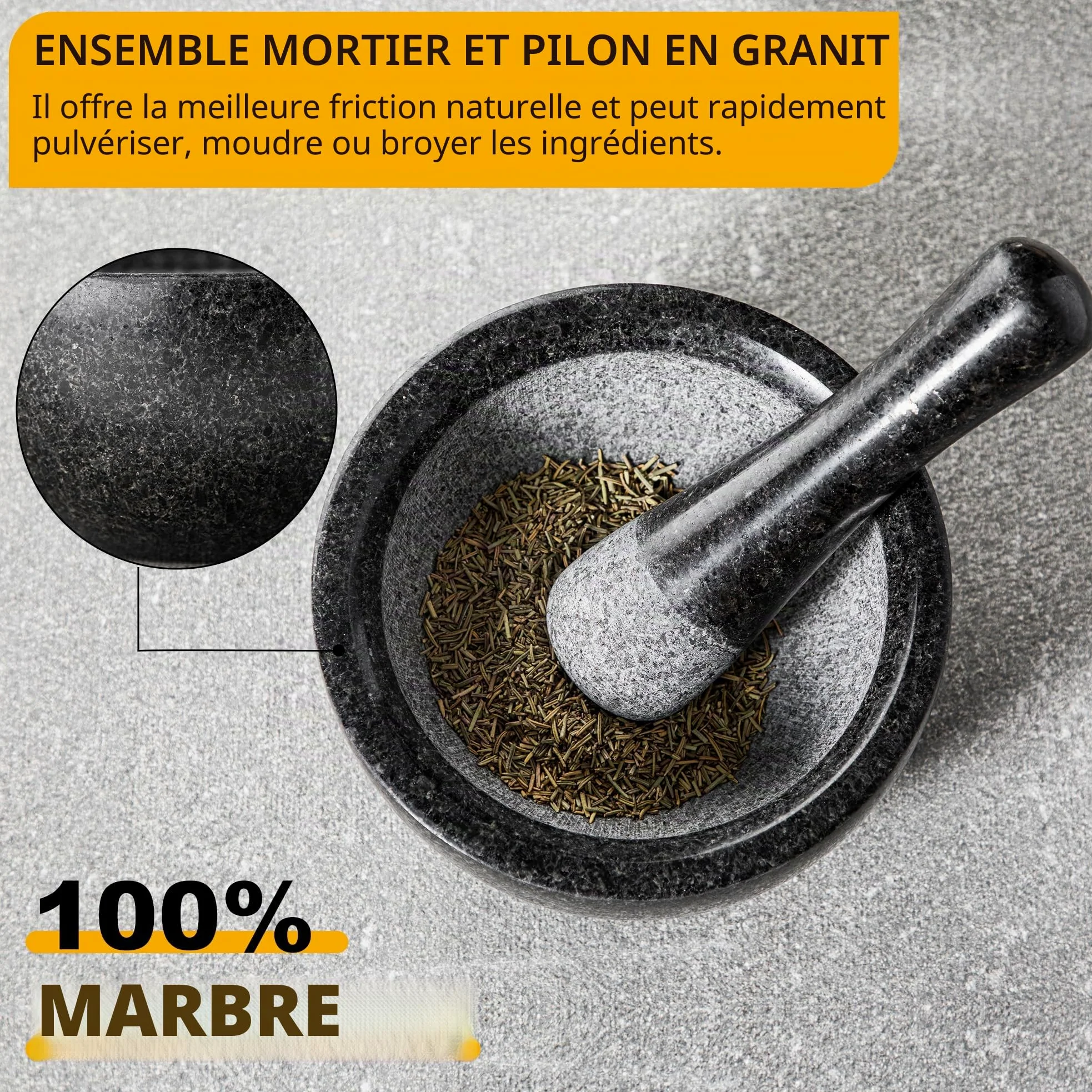 Velaze Mortier et Pilon Cuisine en Granit, pour Epices et Herbes, Diamètre de 16cm, Emsemble de Mortier, Poli Pierre Naturelle