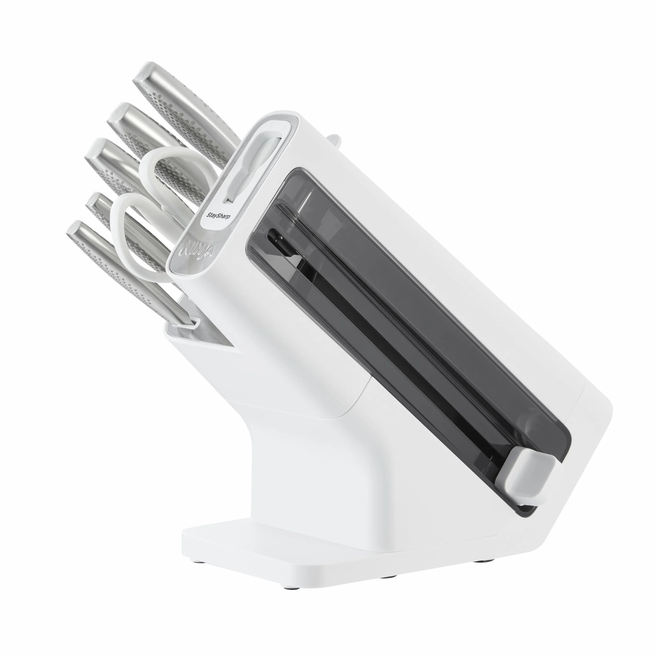 Ninja StaySharp Ensemble de couteaux 6 pièces en acier inoxydable avec aiguiseur intégré, ciseaux de cuisine et couteaux de chef, à trancher, à pain, tout usage et d'office, blanc, K62006EUWH
