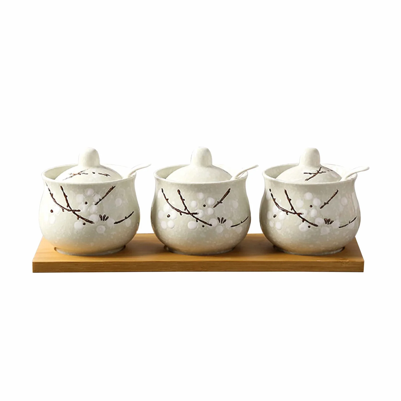 Sucrier en Fleur De Prunier De Style Chinois avec Couvercle Et Cuillère, Pot À Sucre en Céramique, Pot À Épices pour Récipient À Sucre, Pot À Sel, Boîte À Assaisonnement