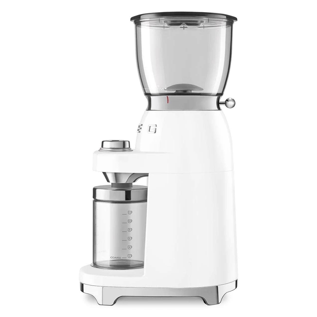 Smeg Moulin à café CGF01WHUK en aluminium, style rétro années 50, 8 réglages de programme et 3 niveaux de broyage, blanc