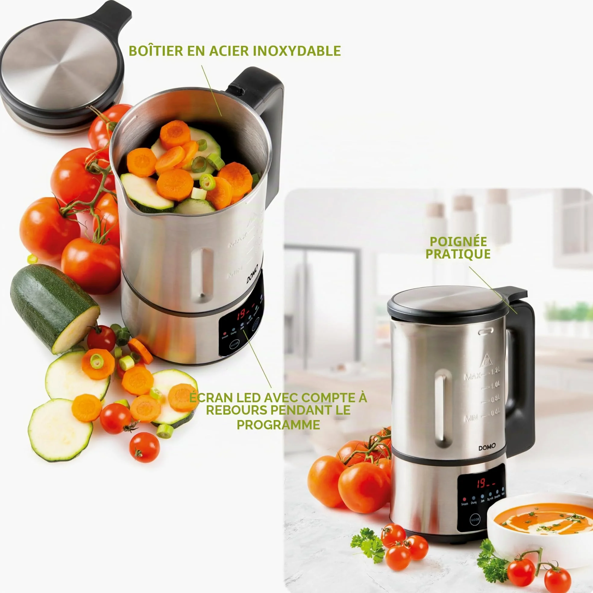 DOMO DO727BL - Blender Mixeur - 1.2L - Soupe Maker avec 6 Programmes - Smooth, chunky, Confiture, Smoothie, lait végétal, Nettoyage/Pulse - Argenté