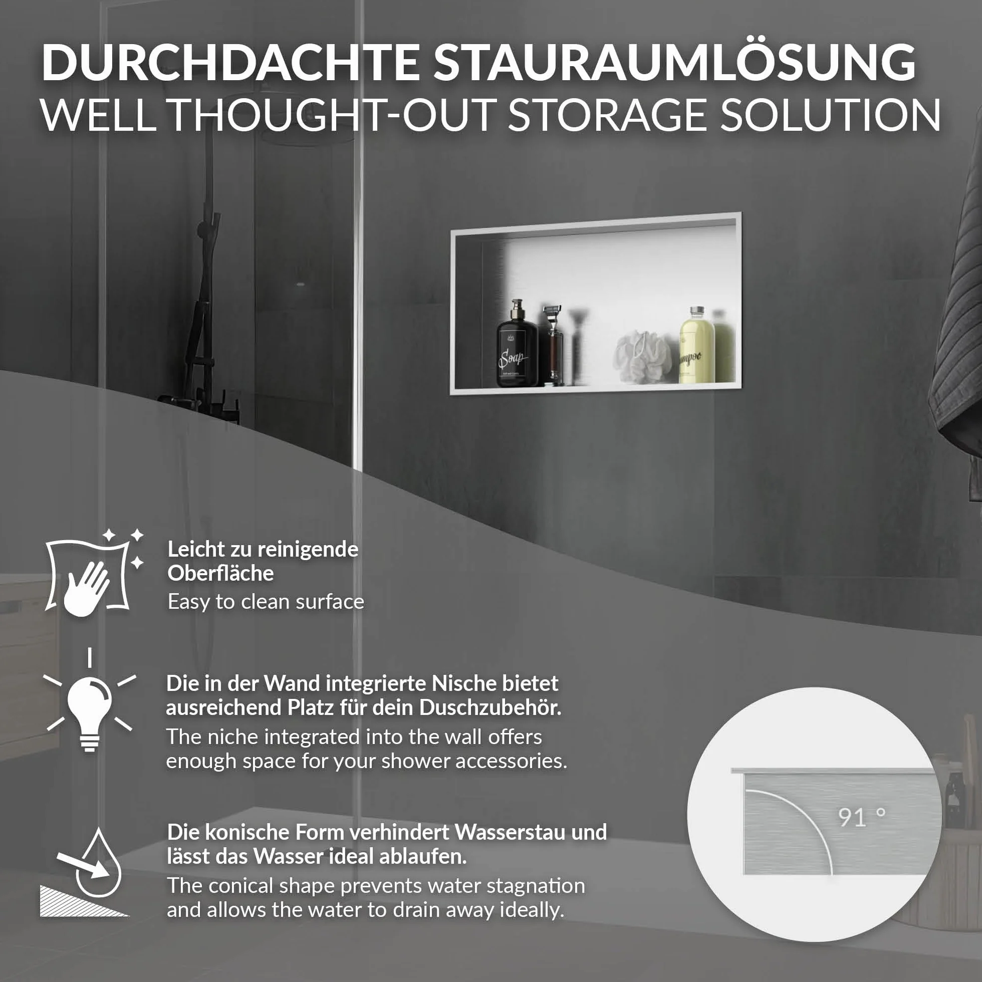 LuxeBath Niche de Douche Encastrée Murale, 60x30x10cm, en Acier Inoxydable, Argent, Étanche, Étagère avec Cadre Salle de Bain, Encastrable, Seule Couche, Rangement Articles Toilette, Matériel Montage