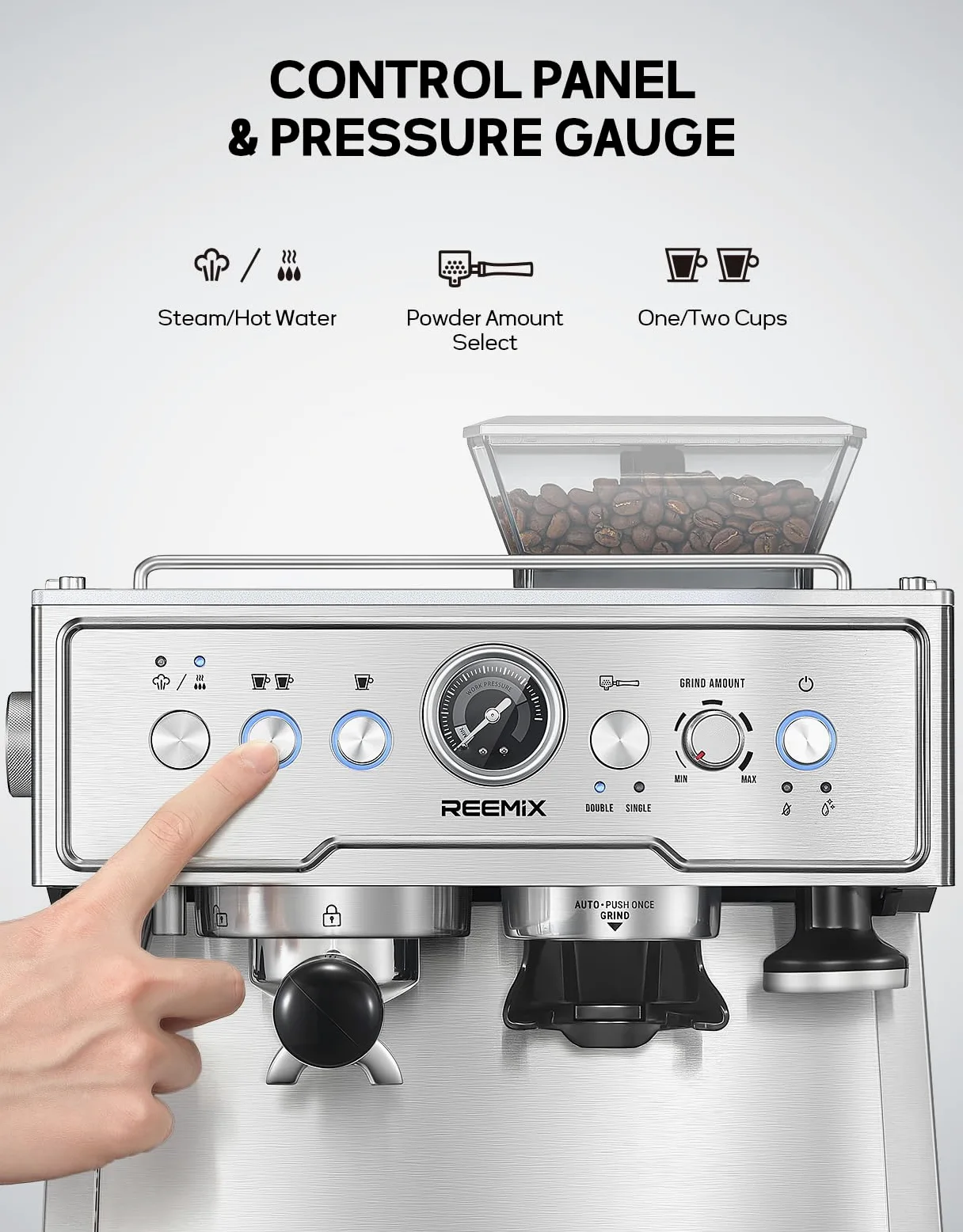 Reemix Machine à Expresso avec Porte-Filtre, Machine à Café 20 Bars avec Moulin Intégré et Mousseur à Lait, 1350 W, Réservoir de 2,8 l, Acier Inoxydable/Argenté, Kit Barista (54 mm Porte-Filtre)