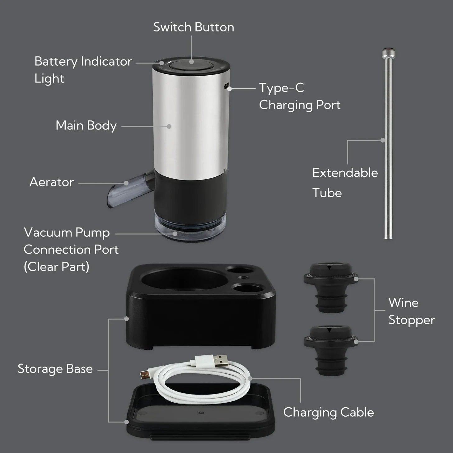 KITCHENDAO Aérateur de vin électrique rechargeable et pompe à vin, bec verseur automatique avec câble USB-C, base de rangement et 2 bouchons, indicateur sonore intégré