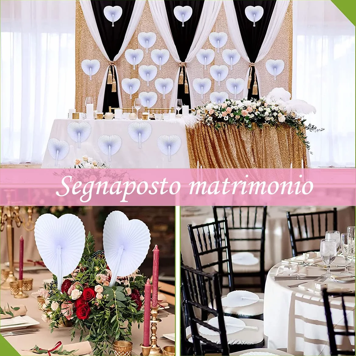 Gudotra - Lot de 60 éventails de mariage, en papier, blancs, en forme de cœur pour wedding bag et décoration de mariage