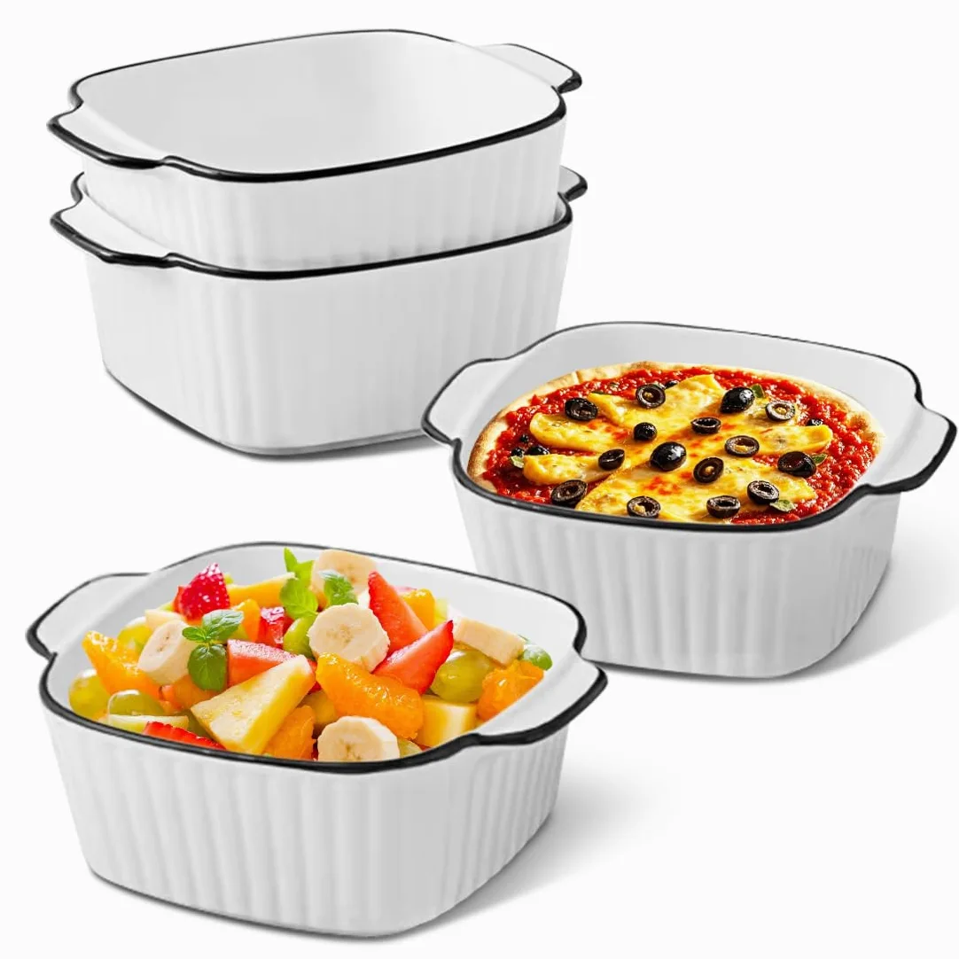 Lot de 4 plats à gratin carrés en céramique - 14,5 x 11,5 x 5,5 cm - Avec poignées - Empilables - Pour friteuse, four et micro-ondes - 400 ml