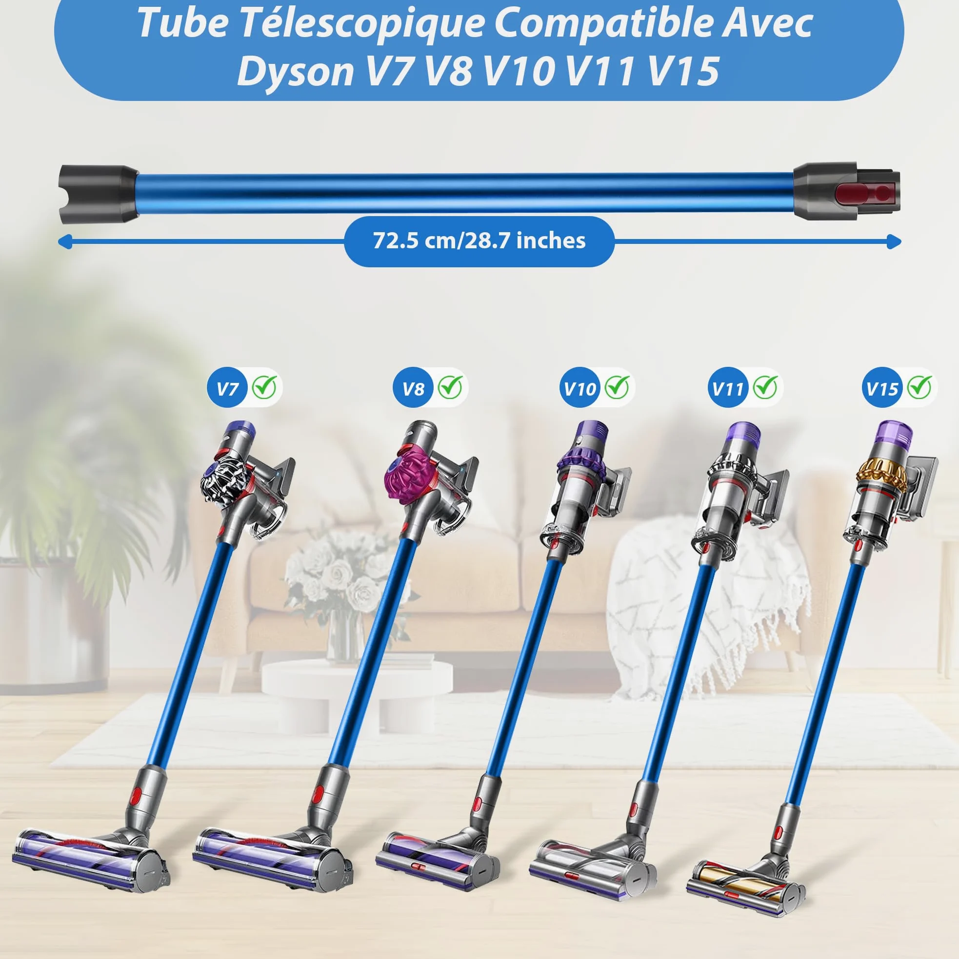 Tube d'Extension Télescopique Dyson Compatible V7 V8 V10 V11 V15 - Avec 2 Filtres et Deux Brosses 2-en-1 - Bleu
