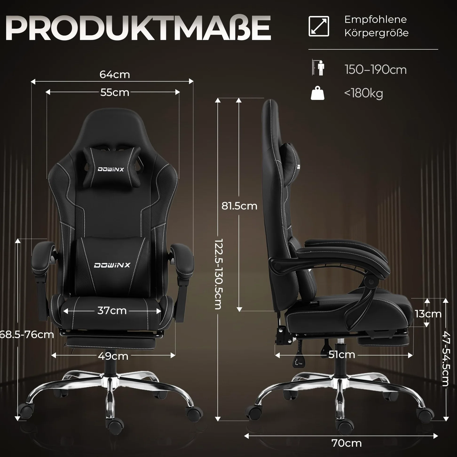 Dowinx - Chaise gaming - Ergonomique - Chaise de bureau pour gamer avec appuie-tête réglable, accoudoirs, et repose-pieds - Inclinaison du dossier réglable jusqu'à 150° - Charge maximale de 180 kg