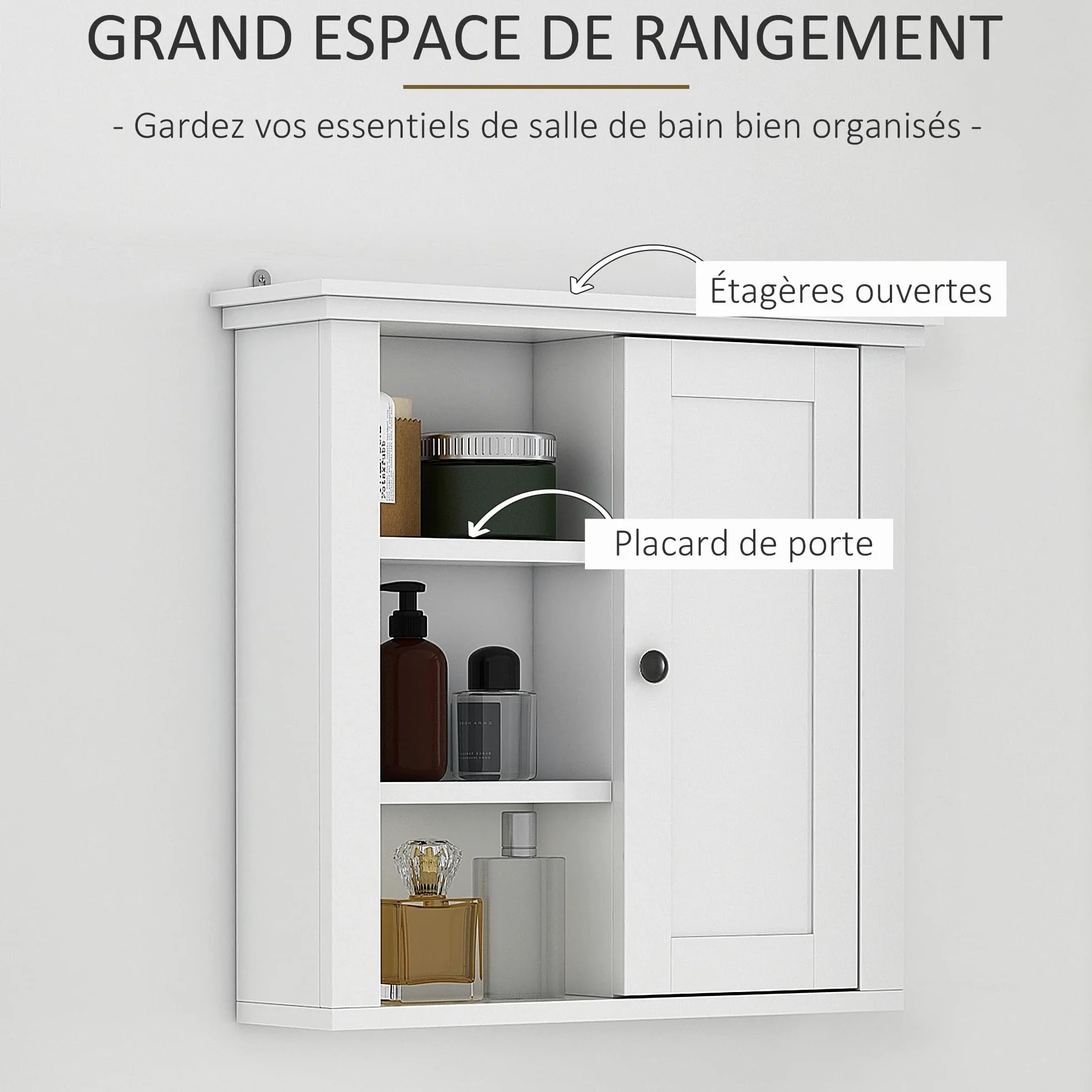 HOMCOM Armoire Murale de Salle de Bain Meuble Suspendu WC Placard 1 Porte 3 niches dim. 53L x 14,5l x 50,5H cm en Bois Blanc