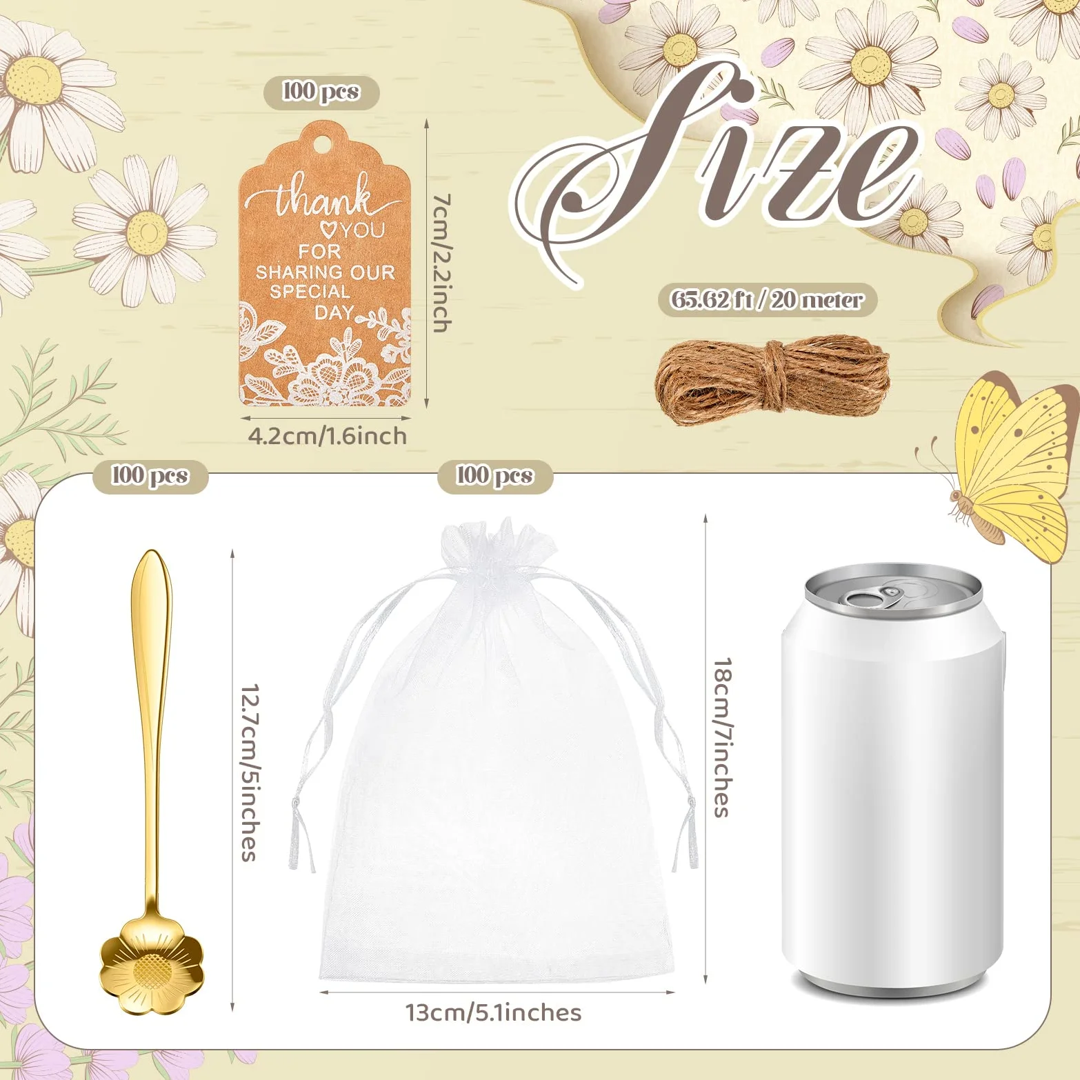 Norme Lot de 100 cuillères à café en acier inoxydable avec 100 étiquettes cadeau avec cordon de serrage, sac en organza et corde pour cadeau, thé, souvenir, fête prénuptiale