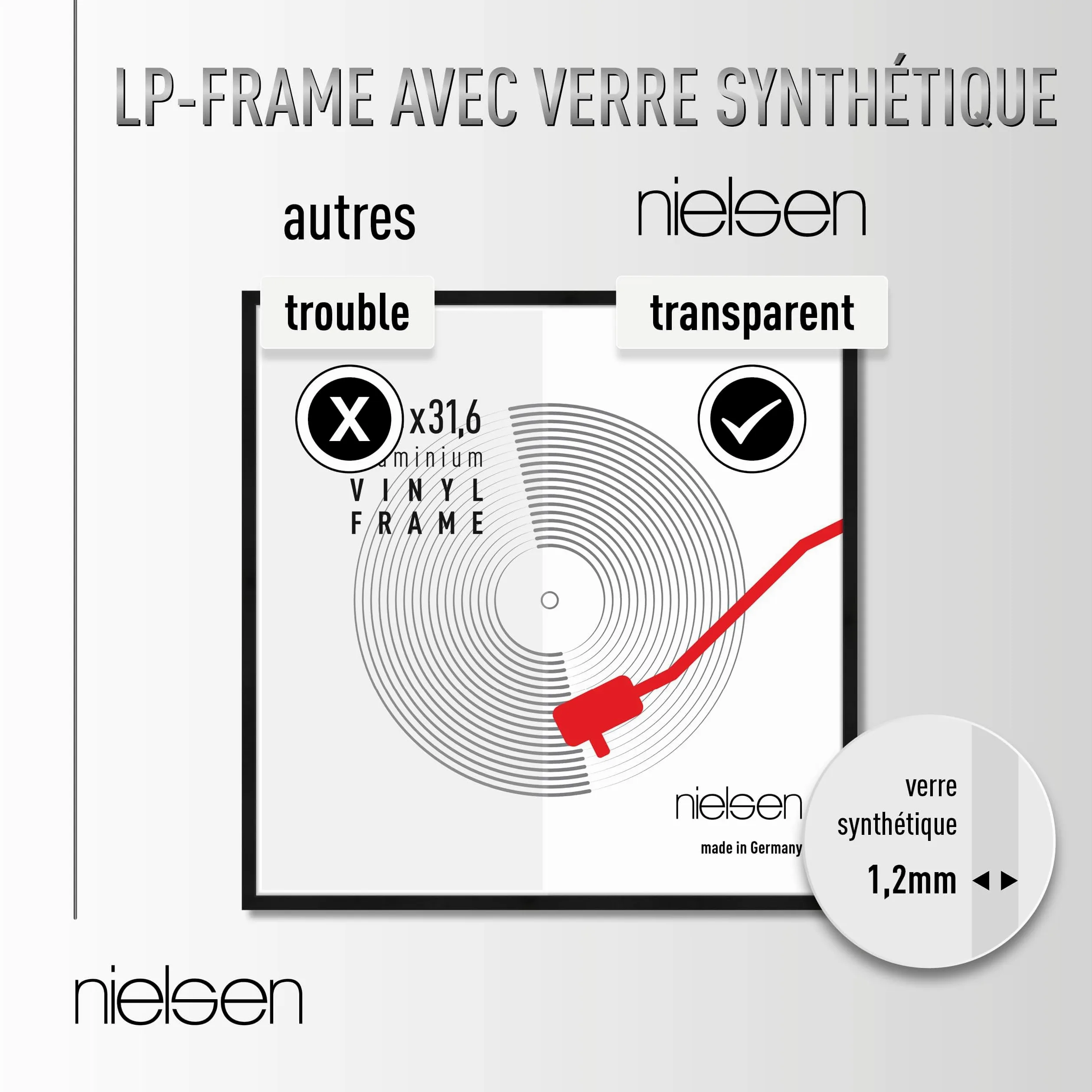 nielsen cadre disque, 31,4 x 31,6 cm, aluminium, Noir mat, cadre vinylepour accrocherau format paysage et portrait, verre synthétique, Vinyl Alu