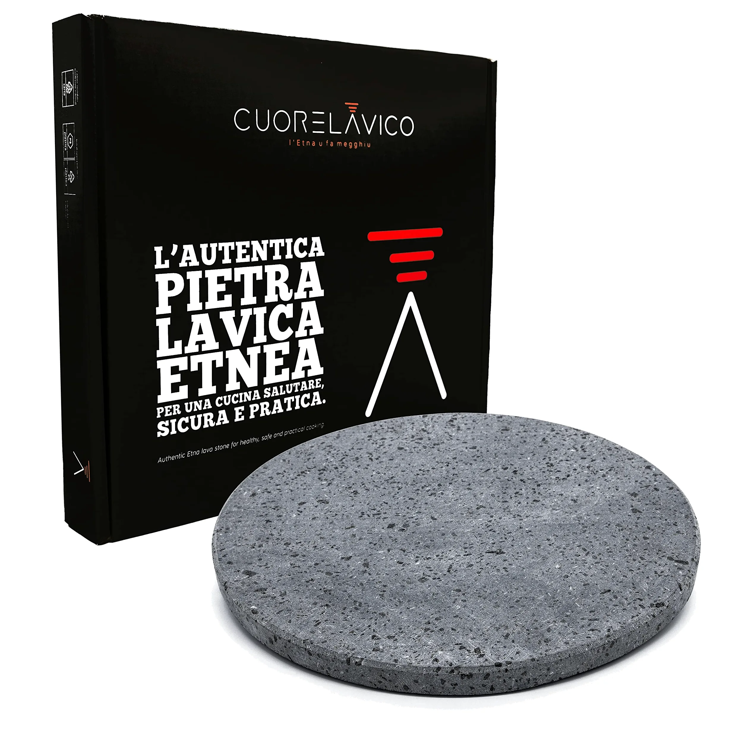 Cuore Lavico - Plaque réfractaire en pierre de lave de l’Etna, ronde pour pizza diamètre 35 cm, épaisseur 2 cm, pour four à gaz, électrique et barbecue pour pain et pizza - Fabriquée en Italie