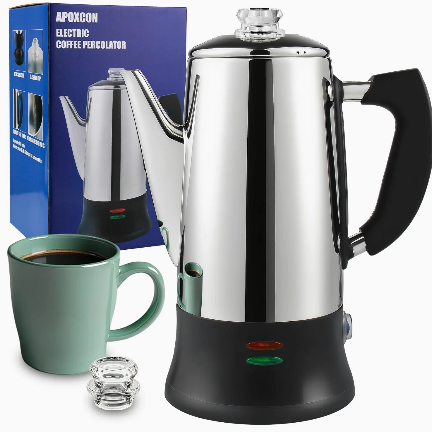 APOXCON Percolateur électrique 12 tasses – Certifié CE, classique avec système d'infusion rapide, bouton en verre résistant à la chaleur et fonction de service sans fil