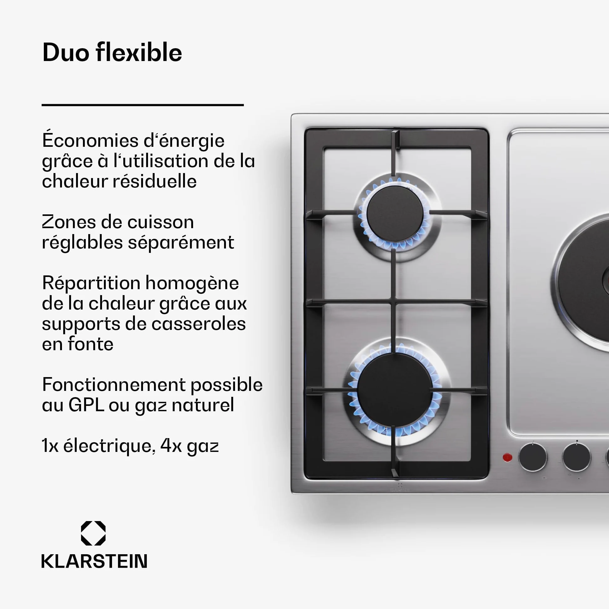 Klarstein MultiChef 5 Plaque De Cuisson Gaz Et Électrique, 4 Brûleurs Gaz & 1 Électrique, 10.1Kw, Acier Inoxydable, Allumage & Arrêt Automatique, Sécurité Enfants, Compacte 87X8X50Cm