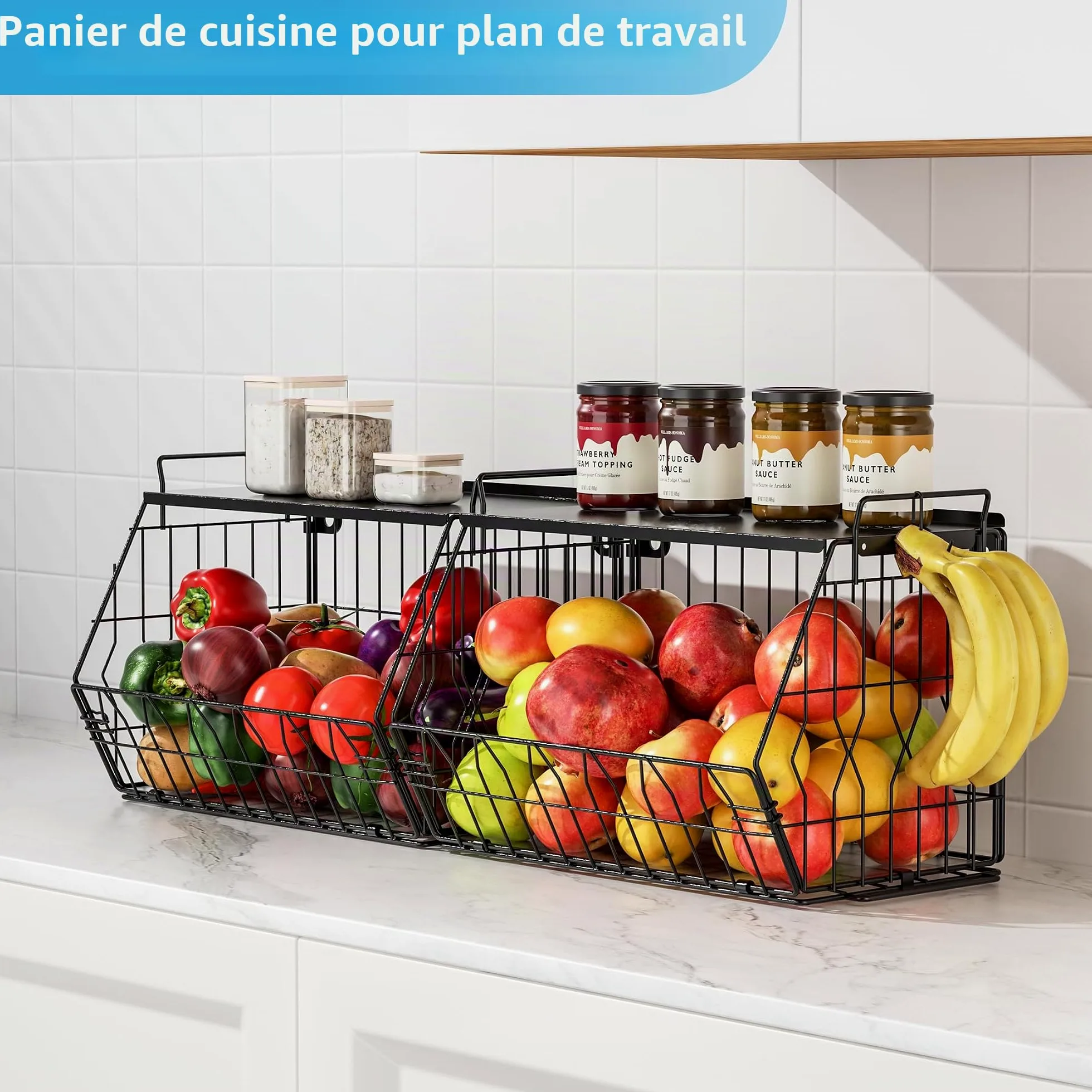 Ezprotekt Lot de 2 corbeilles à fruits empilables avec couvercles en métal, corbeilles à fruits, paniers à fruits empilables à fixation murale, paniers de rangement pour pommes de terre, oignons pour
