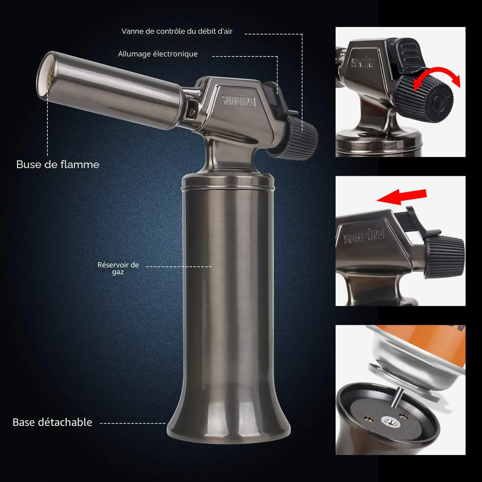 Sondiko Chalumeau Au Butane, Chalumeau Rechargeable à Grande Flamme En MéTal, De Qualité SupéRieure, Et RéSistante Au Vent Pour La Cuisine, Le Barbecue, La Soudure(Gaz Butane Non Inclus)