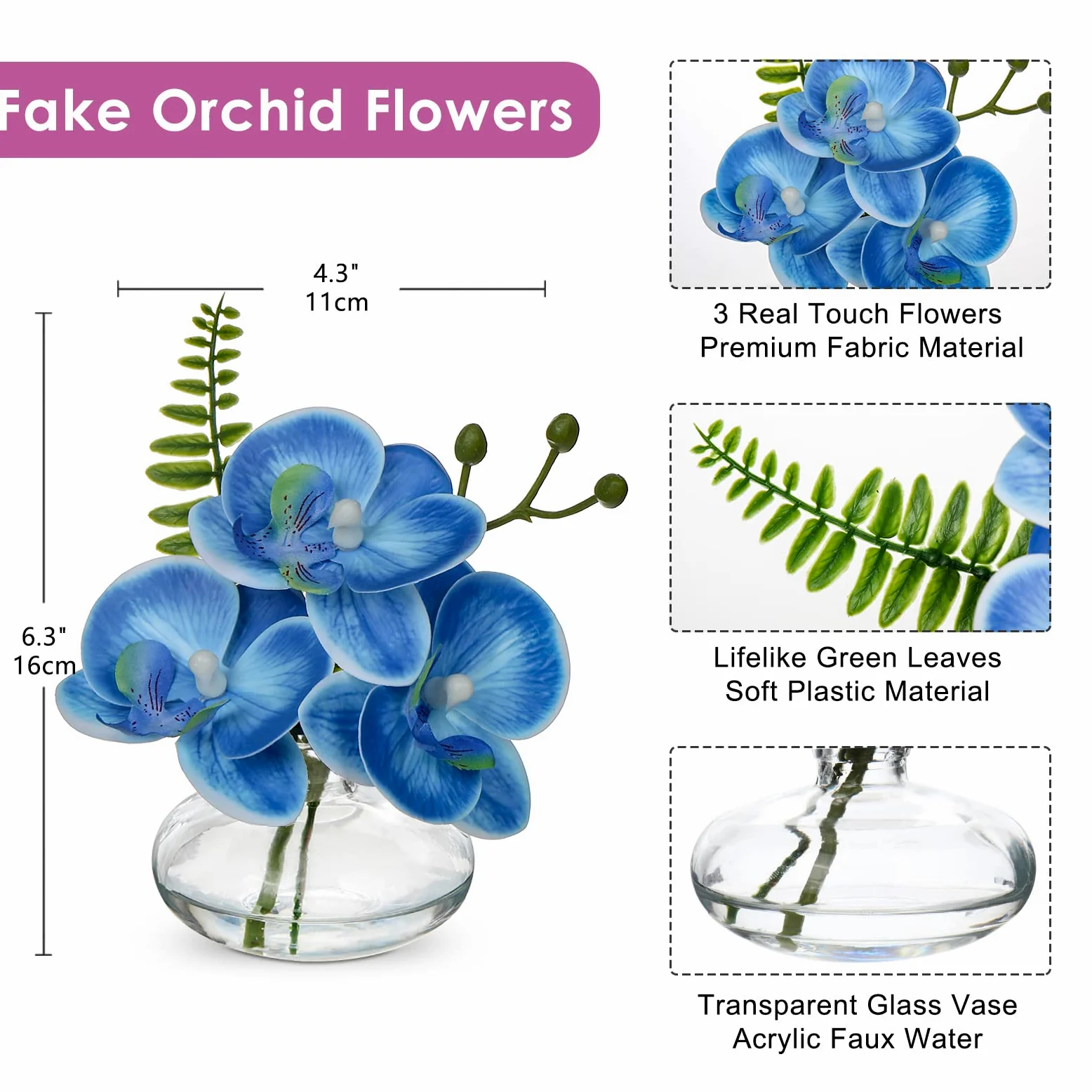 Briful Lot de 3 orchidées artificielles dans un vase en verre, orchidées bleues artificielles dans l'eau artificielle pour décoration de salon, salle de bain, bureau
