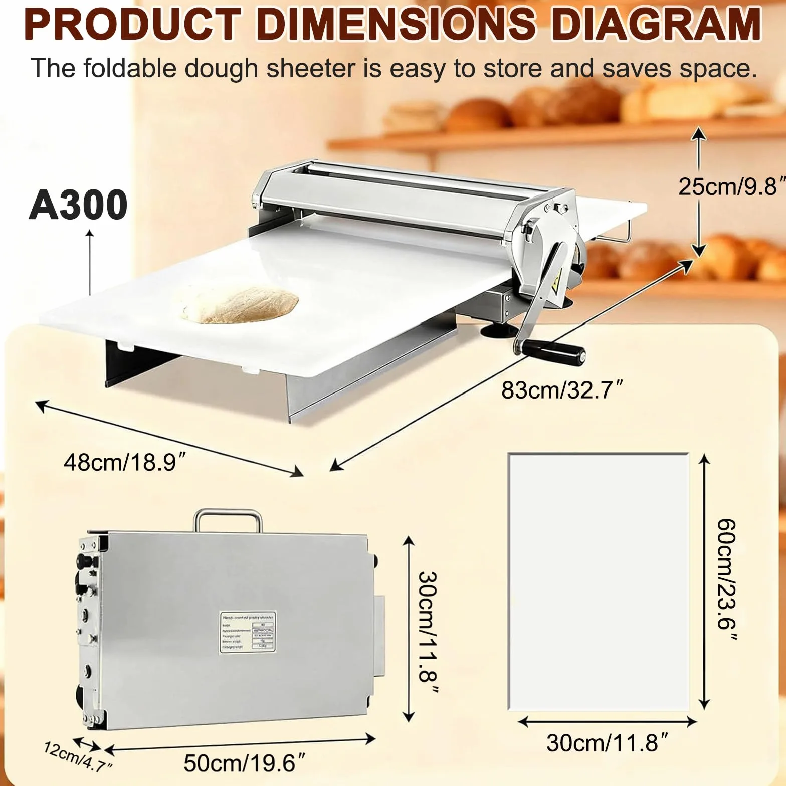 Laminoir à Pâte Pliable Manuel pour Boulangerie, Pizza et Croissants, Laminoire Manuel à Pate, Laminoir à Pâte Feuilletée, Laminoir à Pâtisserie en Acier Inoxydable A300