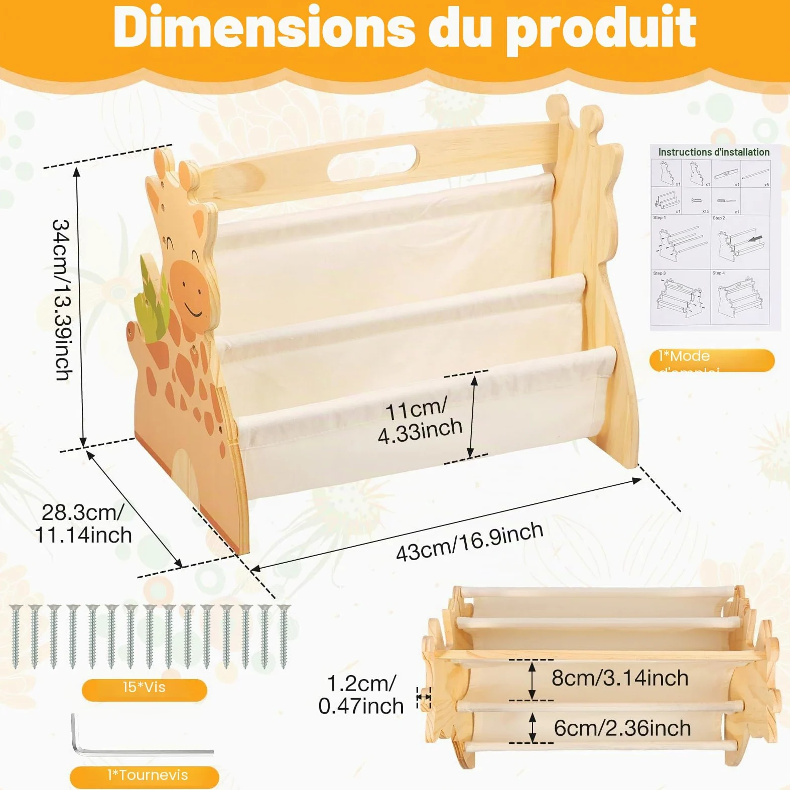 Bibliothèque Montessori Bois pour Enfant 43x34x28,3cm Bibliothèque Enfant Double Face Quatre Couches avec Poignée Rangement Livre Enfant 3-8 Ans Aménagement Open Bords Arrondis pour Chambres écoles