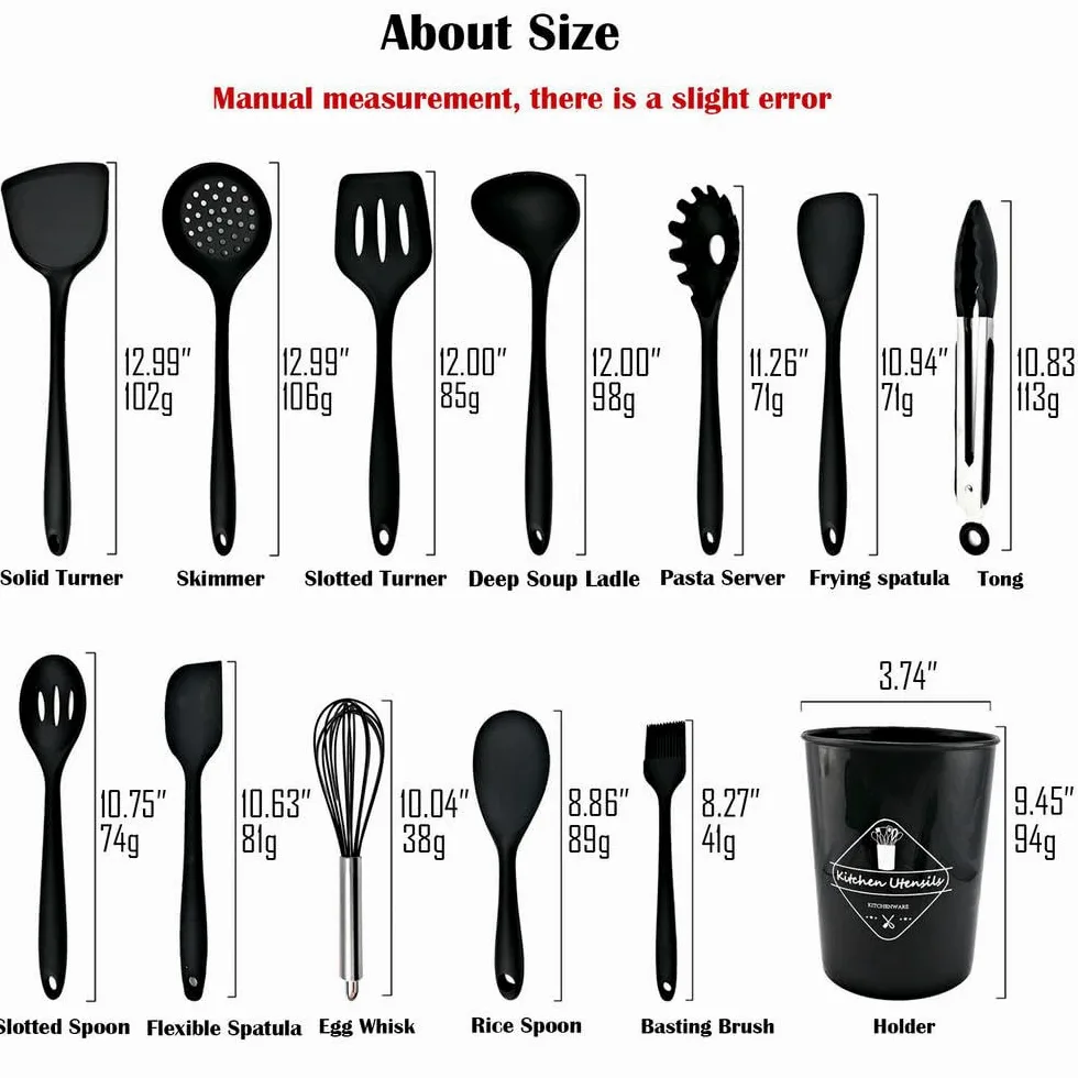WLDMA Ensemble d'ustensiles de cuisine noirs en silicone de qualité alimentaire avec spatule, pelle à soupe, cuillère à soupe, ustensiles de cuisine BPA