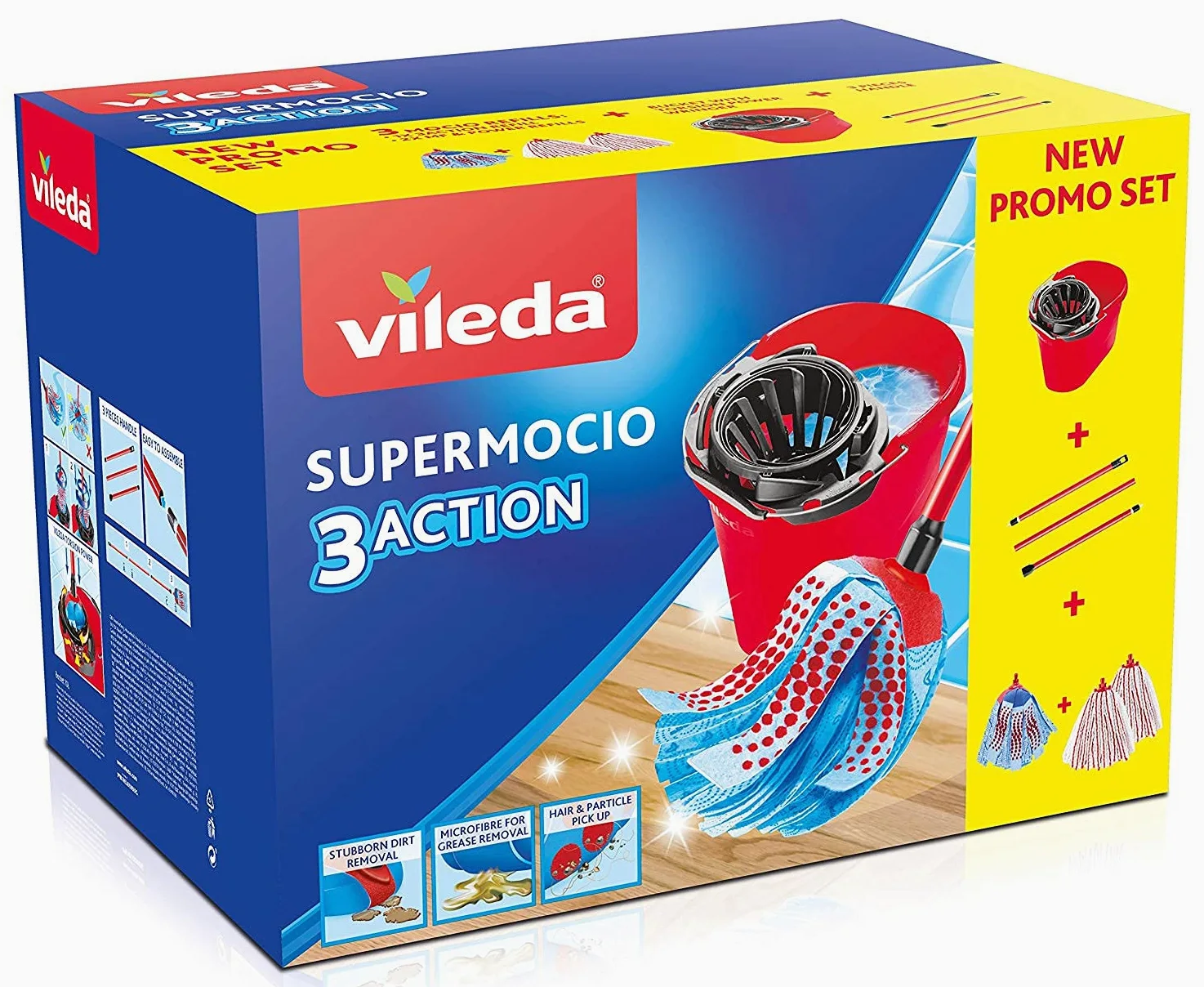 Vileda - Super Mocio 3Action - Balai Serpillière Complet avec Technologie Torsion Power pour Un Nettoyage Sol Efficace - Serpillière Microfibre et Manche Easy Click - 2 Têtes Ovales - Triple Action