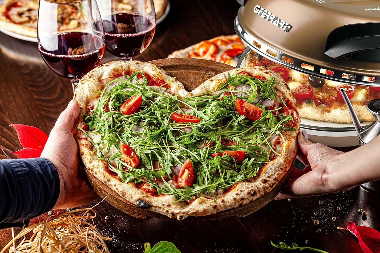 G3 Ferrari G10006 Pizza Exprimer Plaisir, Four Pizza, 1200 W, 400°C, Pierre Réfractaire (diamètre 31 cm), Minuteur 5', Livre de Recettes inclus, Cuivre