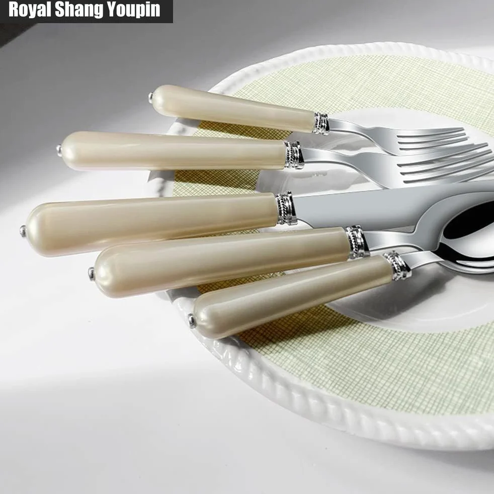 ABS Perle Poignée Cuisine Acier Inoxydable Argenterie Vaisselle Couverts Ensemble De Couverts Couteau À Steak Fourchette Cuillère Cuillère À Café Ustensiles (Beige,20 pièces)