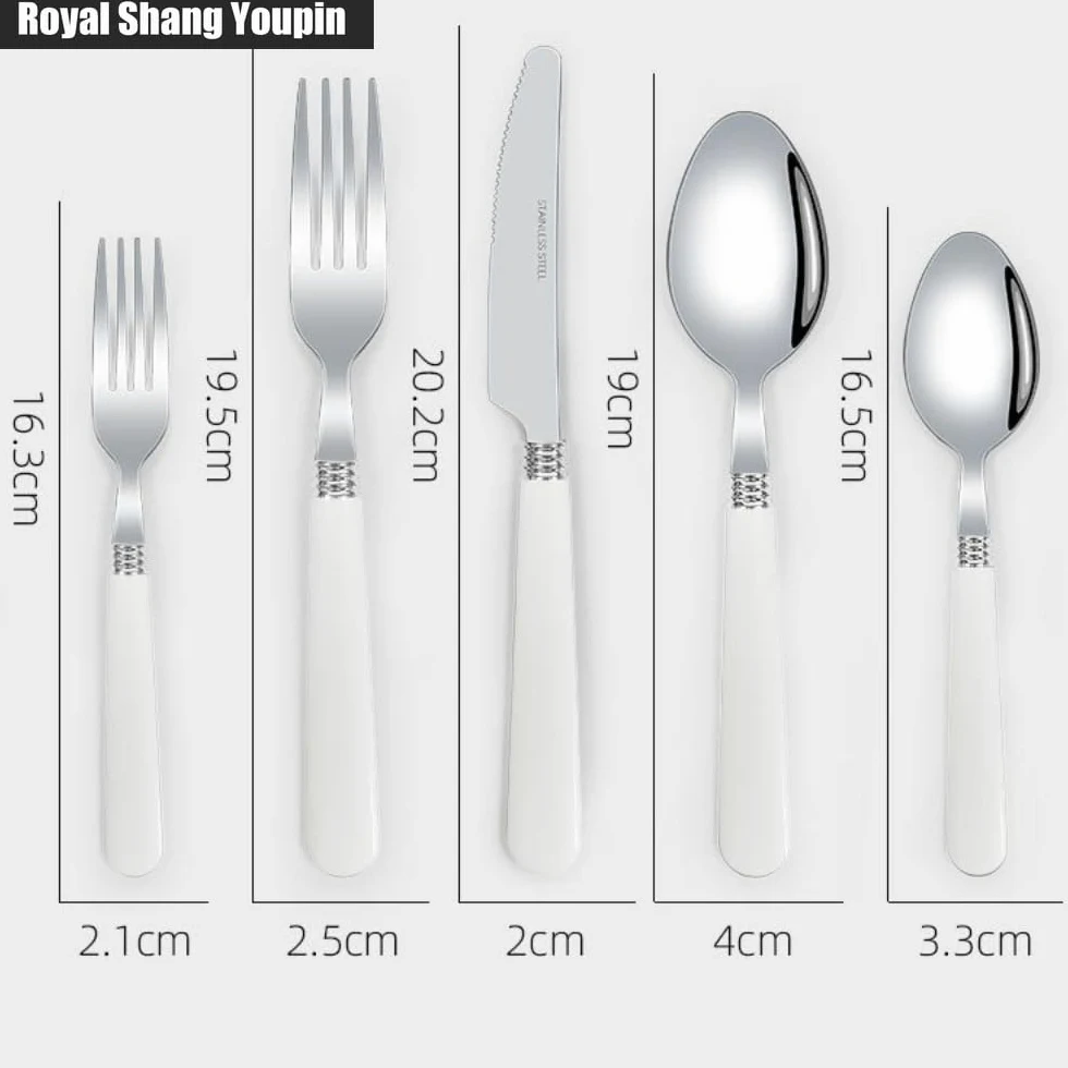 Poignée en Plastique Épaissie Cuisine Acier Inoxydable Argenterie Vaisselle Couverts Ensemble De Couverts Couteau À Steak Fourchette Cuillère Cuillère À Café (Blanc,20 pièces)